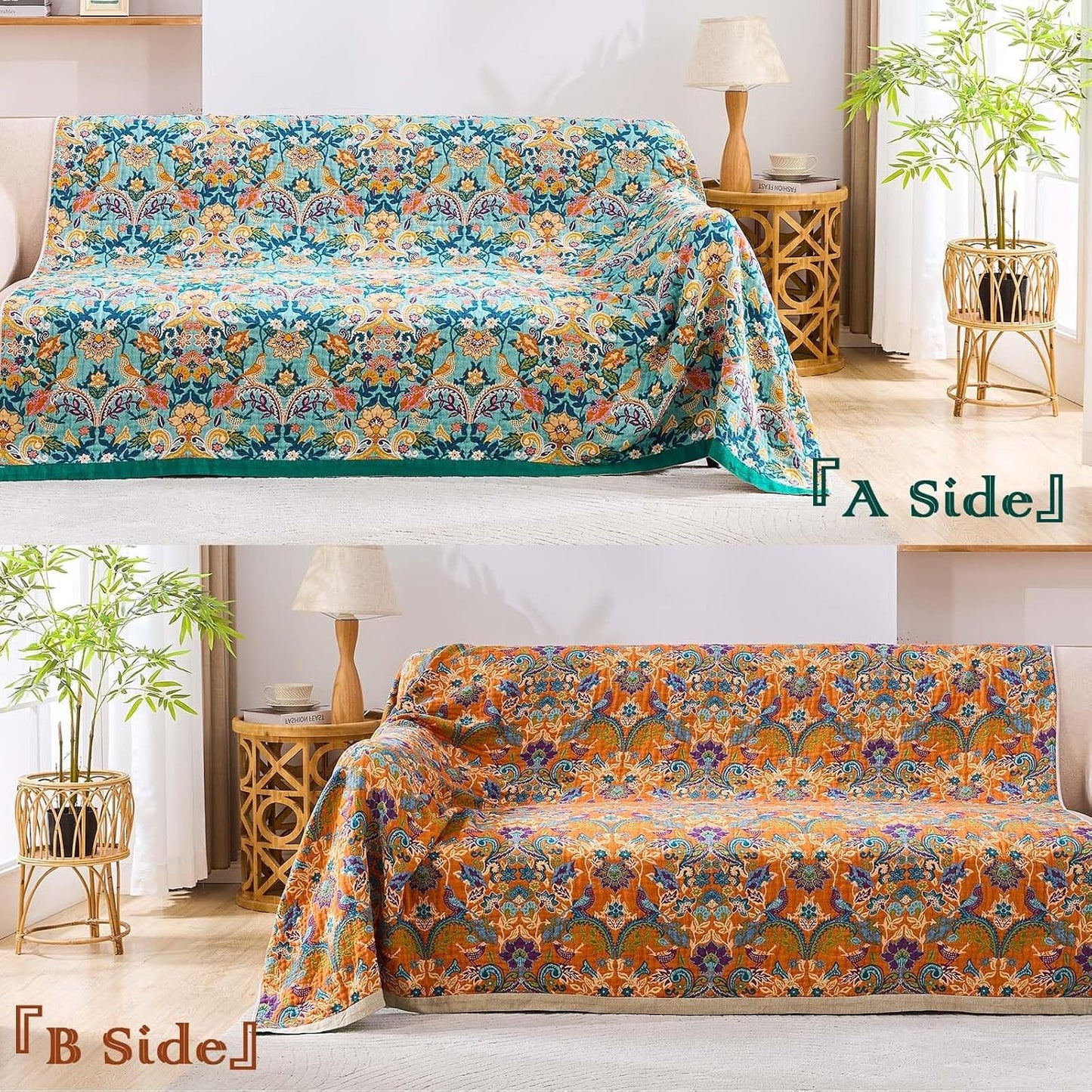 Boho Blanket Throw Quilt, 100% Cotton Soft Light Weight Throw Blankets for Summer, 90"x98" Farmhouse Flower Decorative Blankets, All Season Rustic Reversible Bohemian Throw Quilt