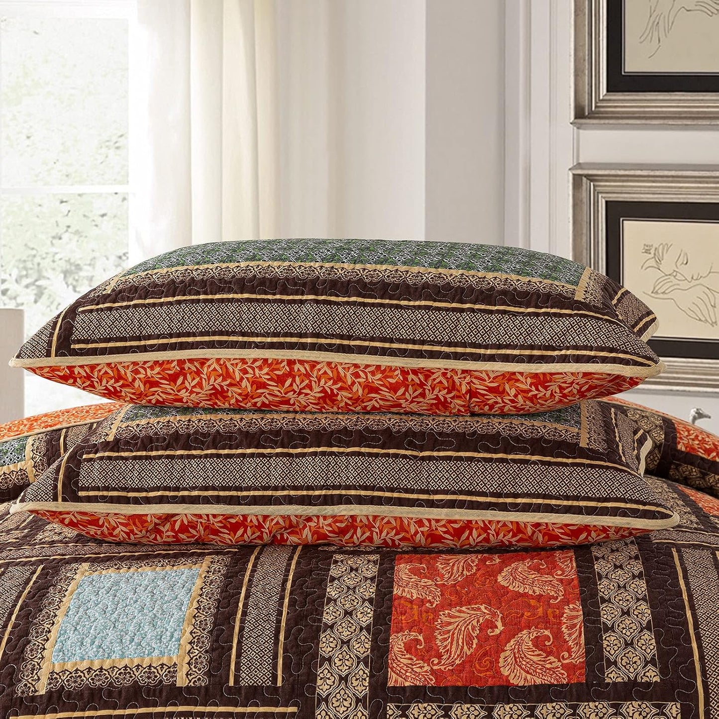 NEWLAKE Cotton Patchwork Bedspread, 3-Piece Bedding Quilt Set with Real Stitched Embroidery, Reversible Matelasse Bed Coverlet Set,Bohemian Farmhouse,Queen Size