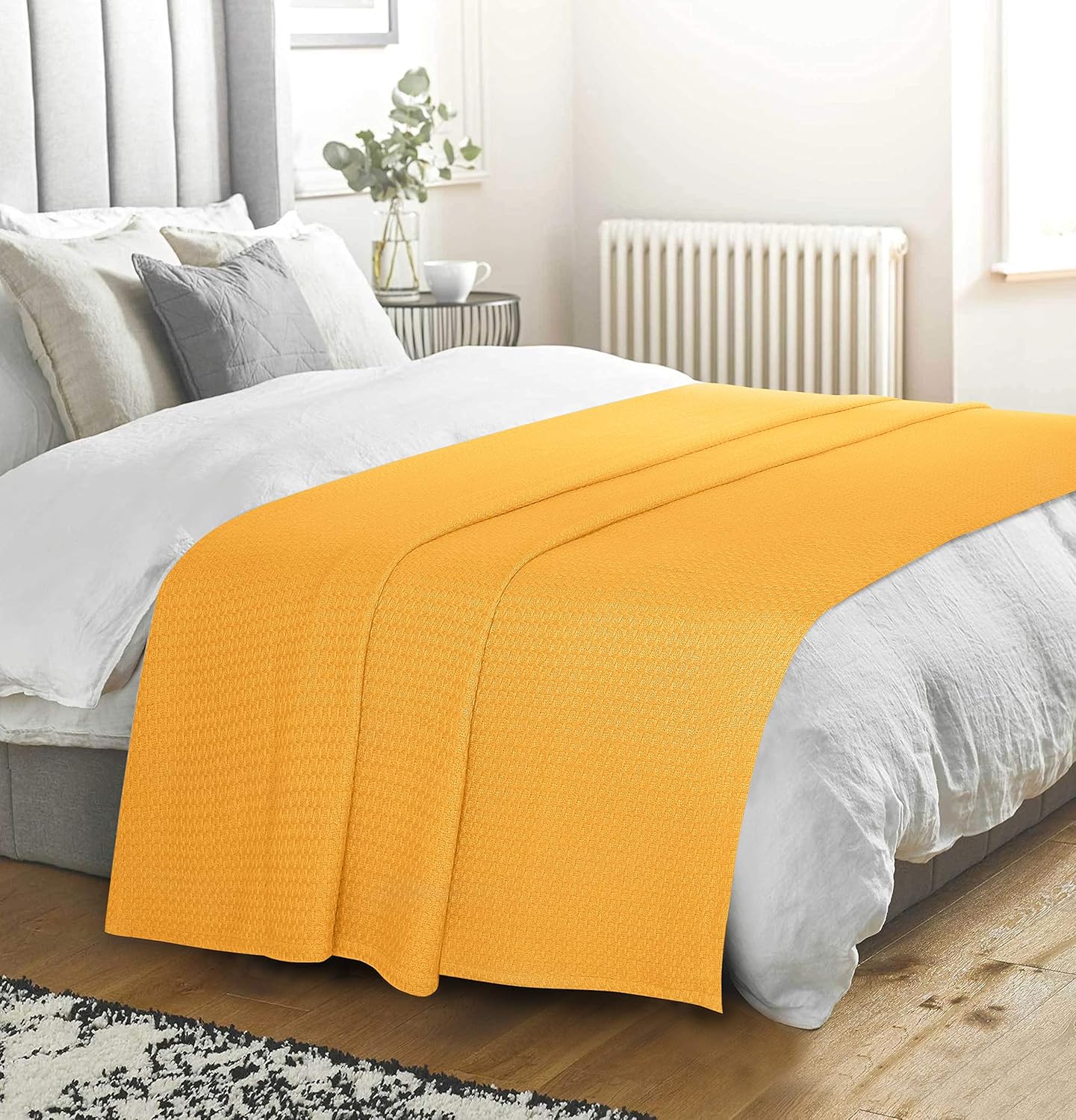 BELIZZI HOME 100% Cotton Bed Blanket, Breathable Bed Blanket Full Queen Size, Cotton Thermal Blankets Full Queen, Perfect for Layering Any Bed for All Season, Mustard Yellow