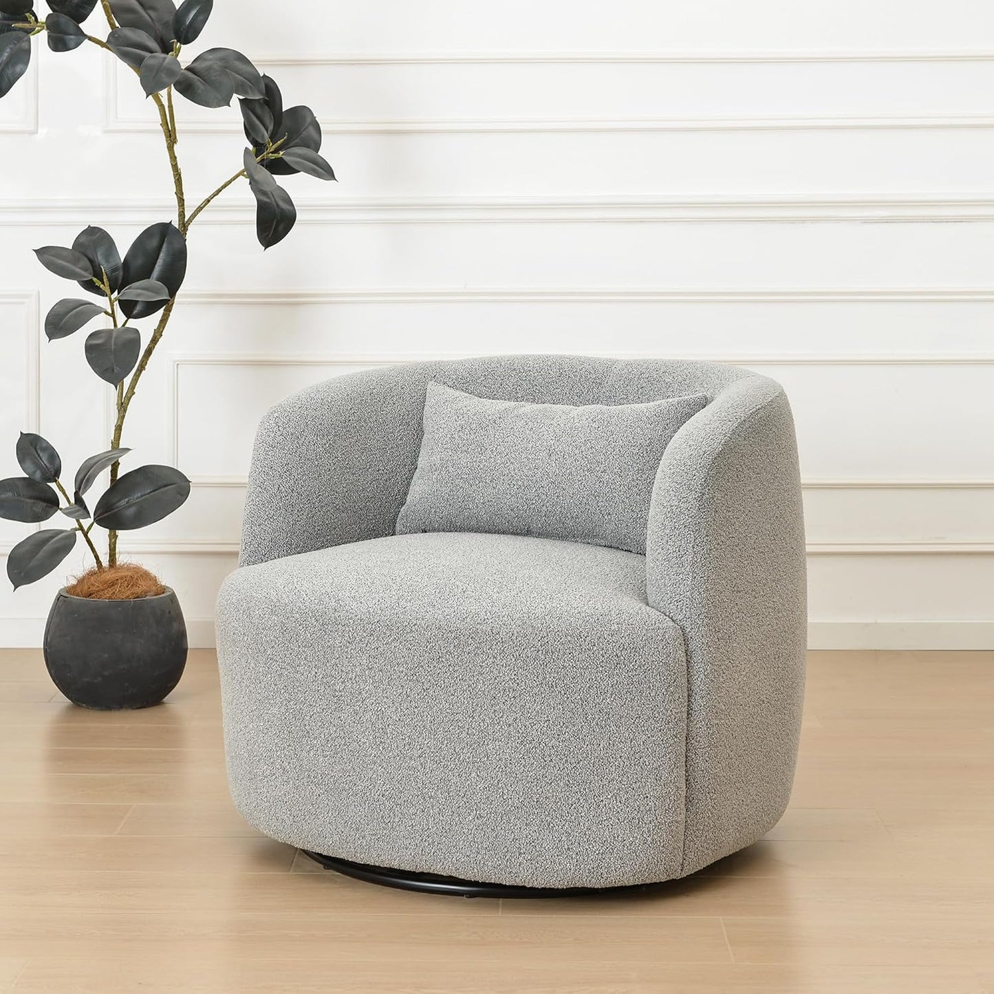 KINWELL 34" Wide Sherpa Swivel Barrel Chair, No Assembly Round Boucle Upholstered Accent Chair Armchair Single Sofa Chair with Toss Pillow for Living Room and Bedroom, Gray