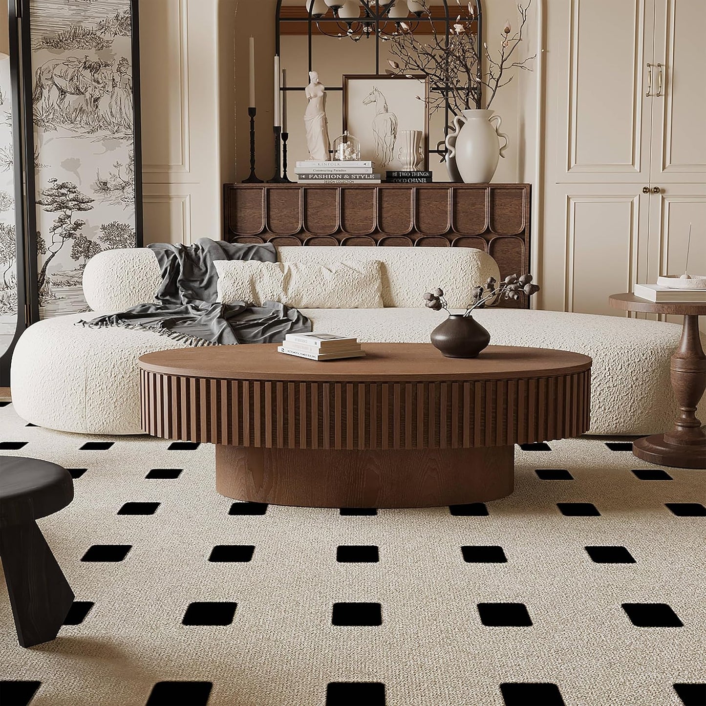 47.2''Oval Coffee Table with Storage, Mid Century Modern Fluted Drum Center Tables with Lid, Solid Wood Side Pedestal Coffee Table Tea Table for Living Room, Bedroom, Apartment-Walnut