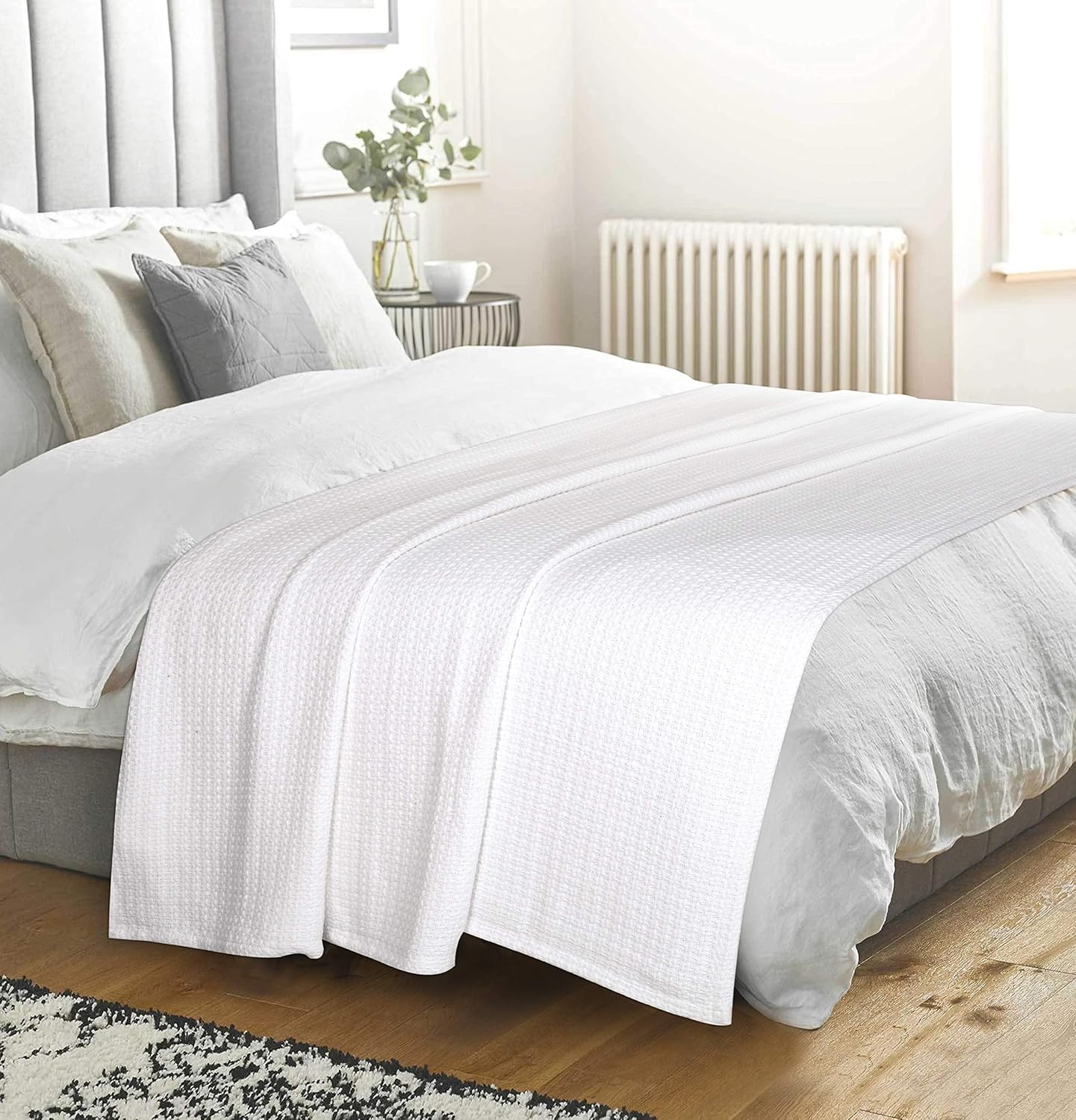 BELIZZI HOME 100% Cotton Bed Blanket, Breathable Bed Blanket King Size, Cotton Thermal Blankets King, Perfect for Layering Any Bed for All Season, White