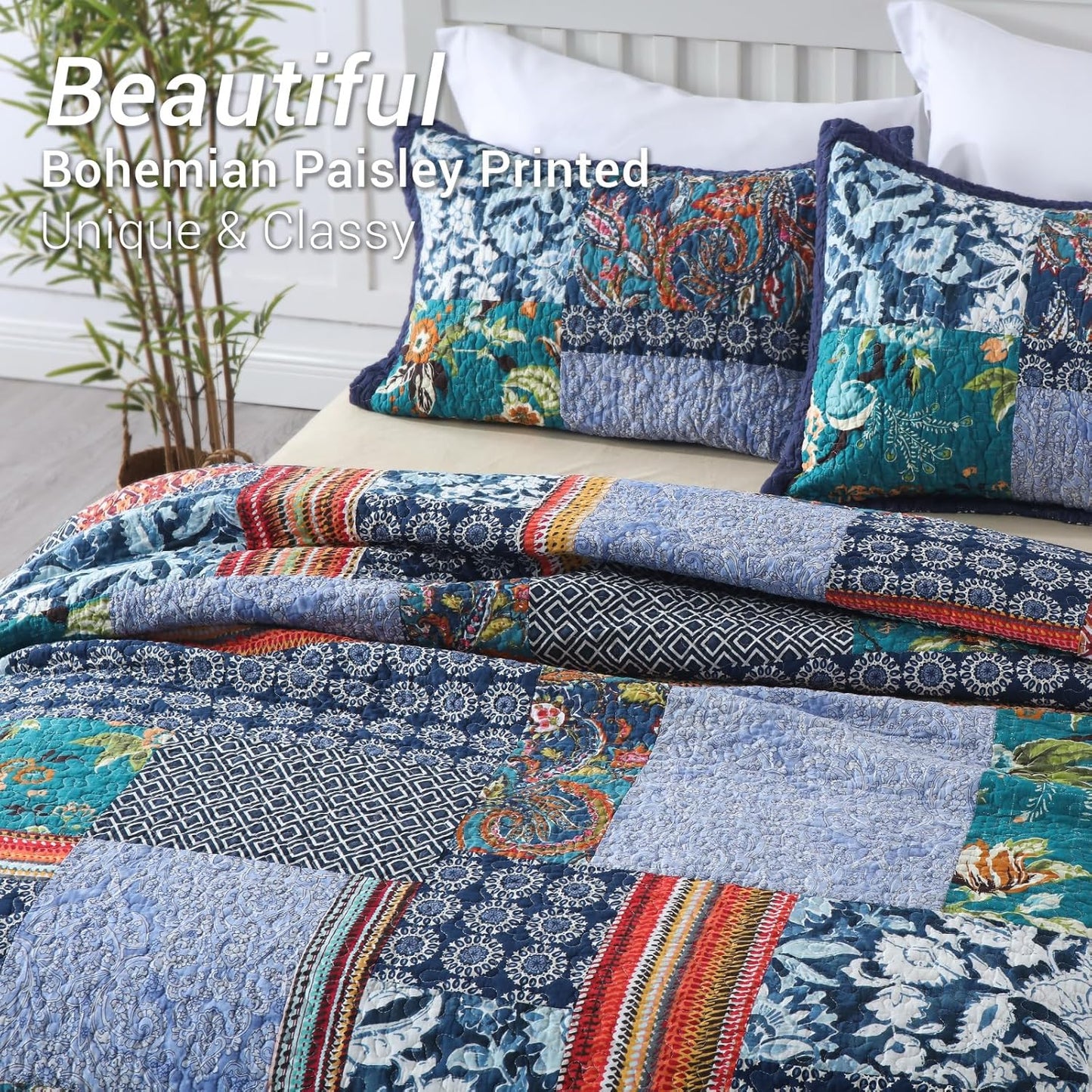 Yvooxny King Quilt Set Reversible Lightweight Bohemian Paisley Patchwork Cotton Quilted Bedspread Coverlet Set 3-Piece Bedding Set with Pillowcases for All Seasons, King Size, 108 * 96 Inches