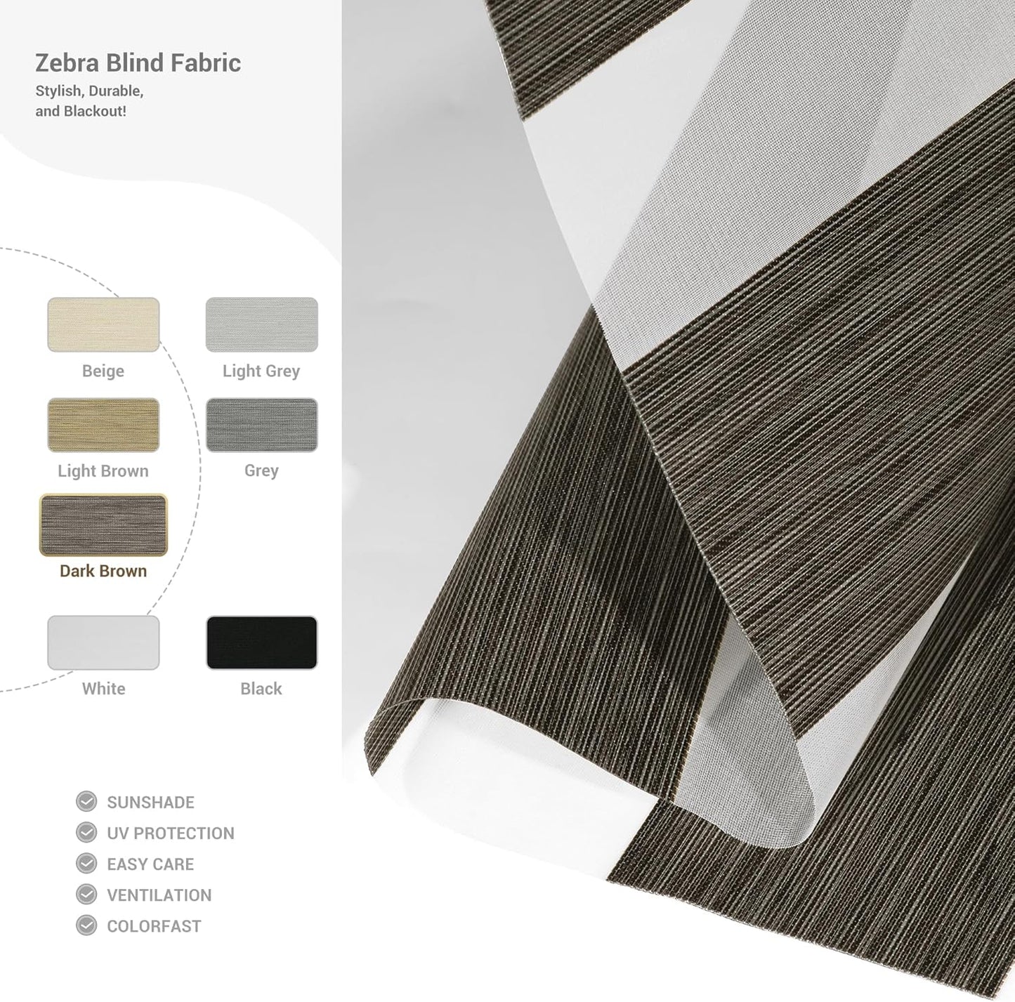 Cordless Zebra Blinds for Windows, Blackout Interior Blinds,Easy to Install,UV Protection,for Offices and Home,Custom Roller Shades, Mousse Dark Bown,20" W x 72" H