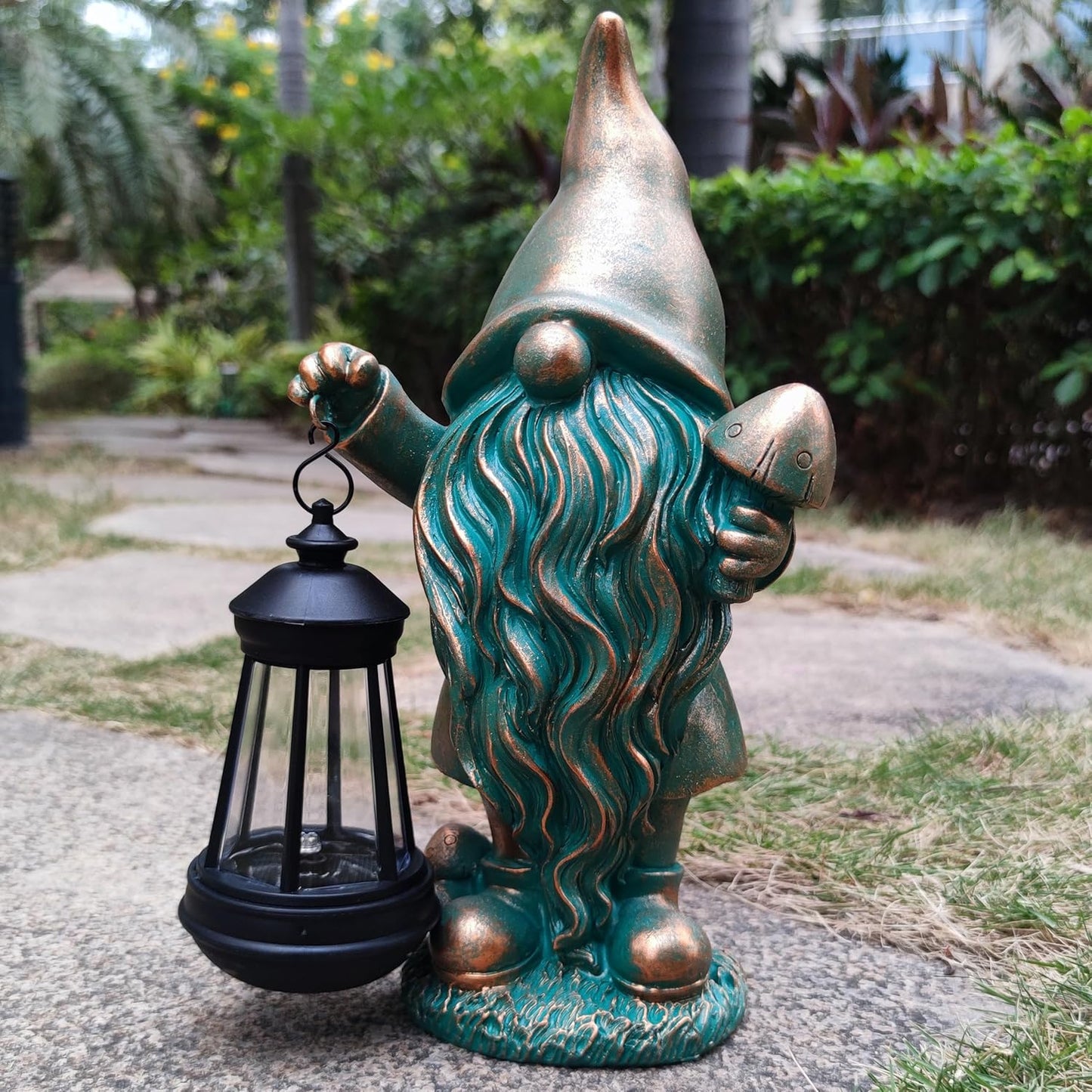 Gnomes Garden Statue Outdoor Décor with Solar Lights Lantern,Gnome Solar Light Figurines Outside Decorations for Yard，Lawn Patio, Balcony, Unique Housewarming Gifts