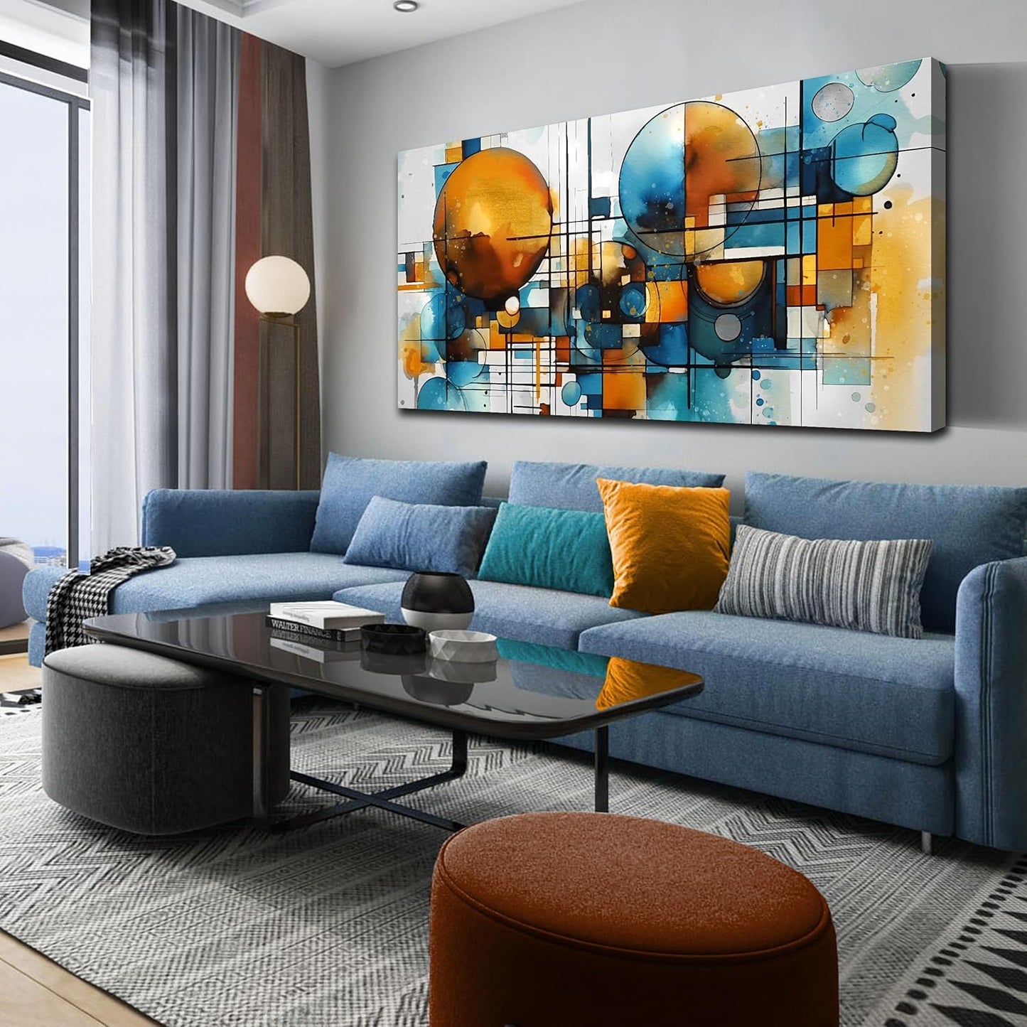 ENTANUB Abstract Wall Art for Living Room, Circle Canvas Wall Decor for Bedroom, Orange and Blue Print Paintings Artwork, Size 29x59 Inches