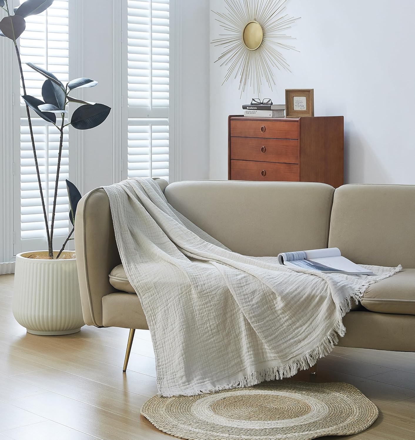 100% Cotton Muslin Throw Blanket for Bed, Couch, Small, Decorative, Soft, Pre-Washed, Breathable and Lightweight Gauze Blanket with Fringes, Suitable for All Seasons, Linen Grey, 50"x60"