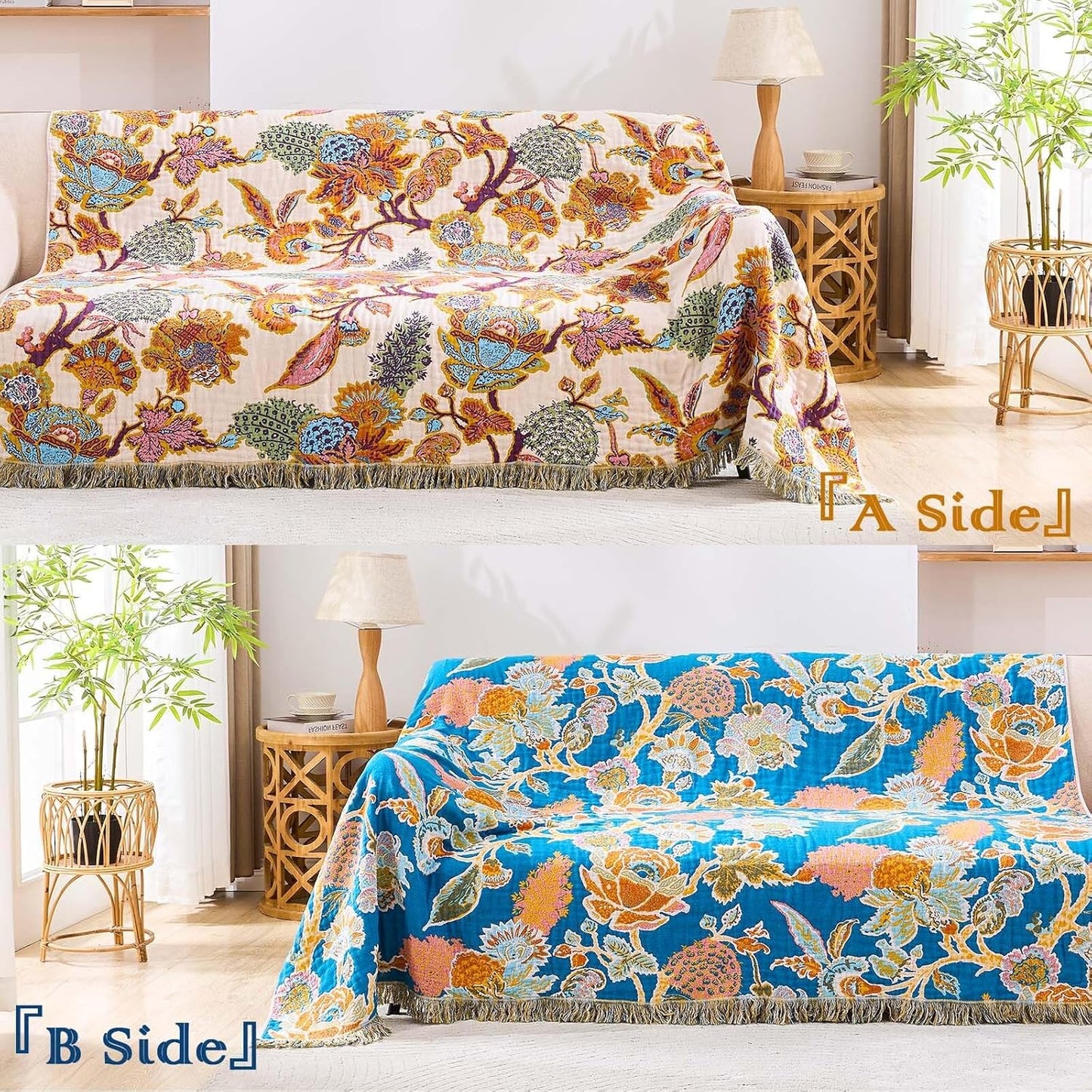 Boho Throw Blanket for Bed, 100% Cotton Soft Rustic Quilt Fall Blanket, 90"x98" Floral Printed Farmhouse Decor Bed Blankets, All Season Rustic Reversible Bohemian Throw Quilt