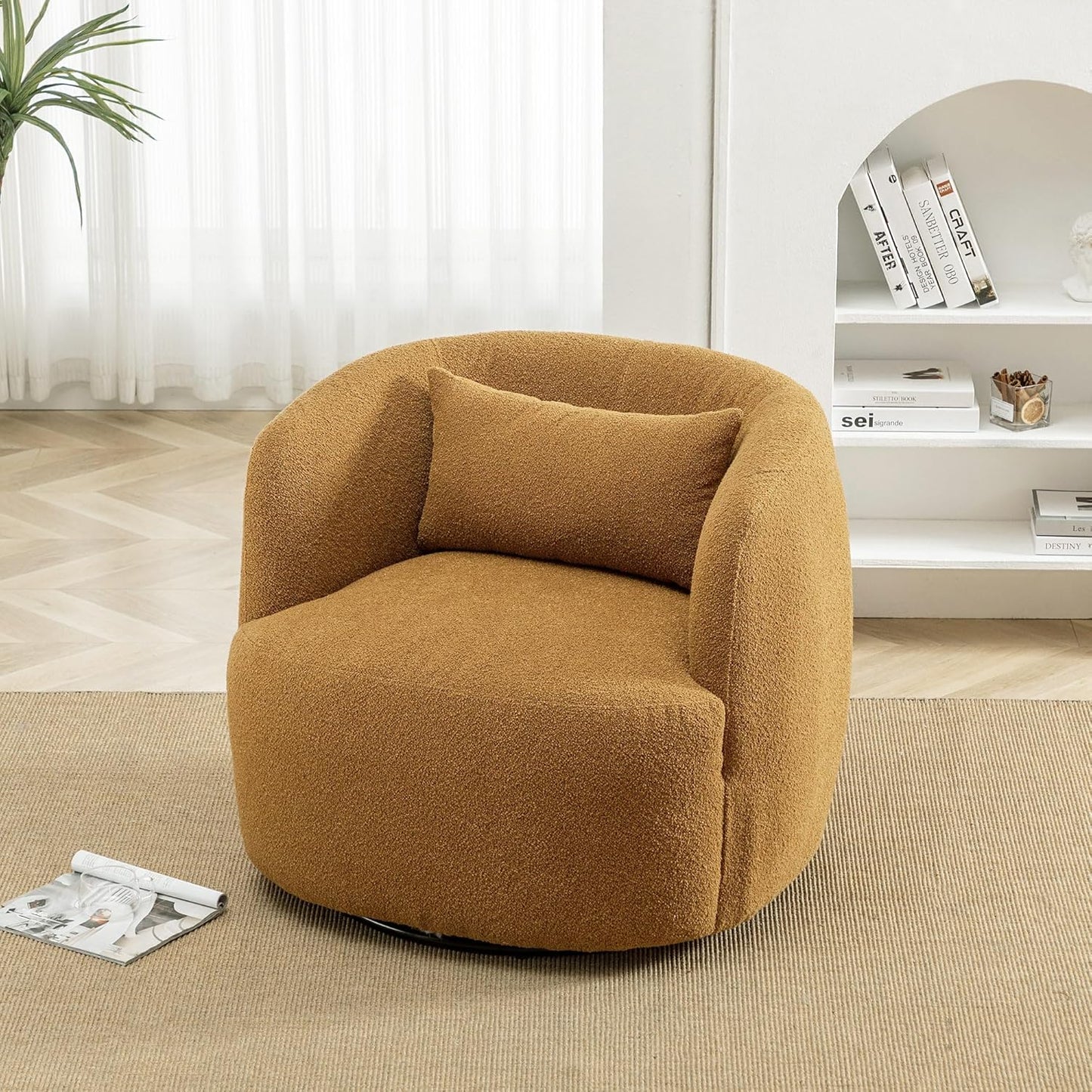 KINWELL 34" Wide Boucle Swivel Barrel Chair, No Assembly Round Upholstered Armchair Accent Chair Single Sofa Chair with Toss Pillow for Living Room and Bedroom, Brown