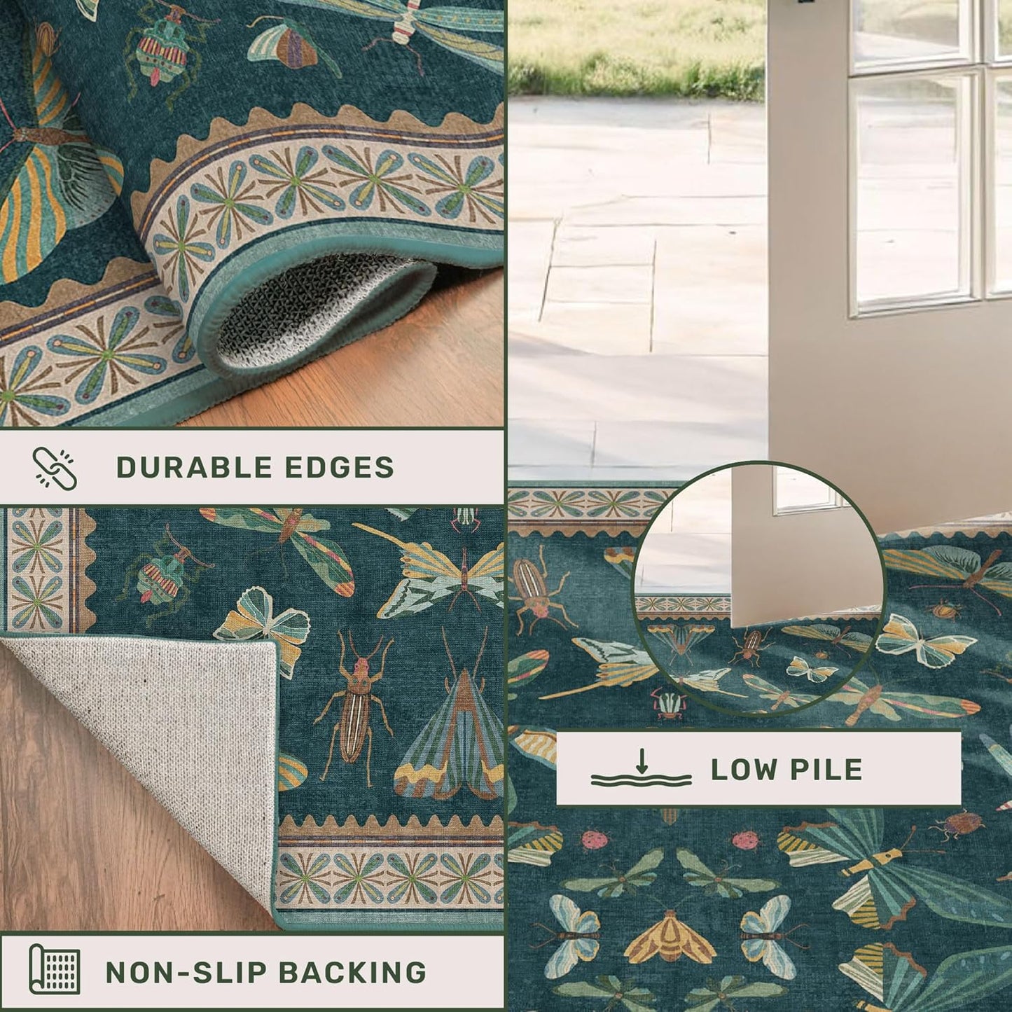 9x12 Large Living Room Rug - Dark Teal Multi Dining Room Rugs for Under Table, Bedroom, Kids Room, Classroom, Insect Butterfly Floral Décor, Lightweight Non Slip Low Pile