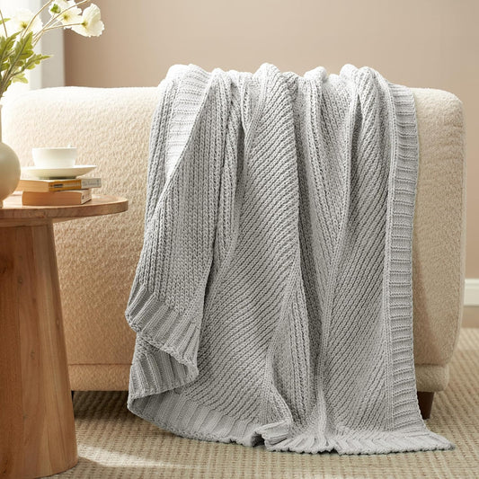 Amélie Home Chenille Knit Throw Blanket for Couch, Chevron Texture Decorative Soft Blanket for Sofa, Bed & Chair, 60"x80", Light Grey