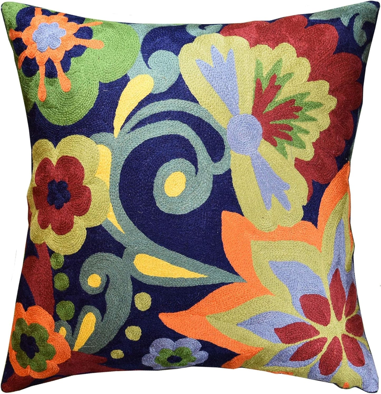Blue Floral Pillow Cover | Navy Flower Throw Pillow | Outdoor Suzani Cushions | Hand Embroidered Chair Cushion | Wool Size - 18x18