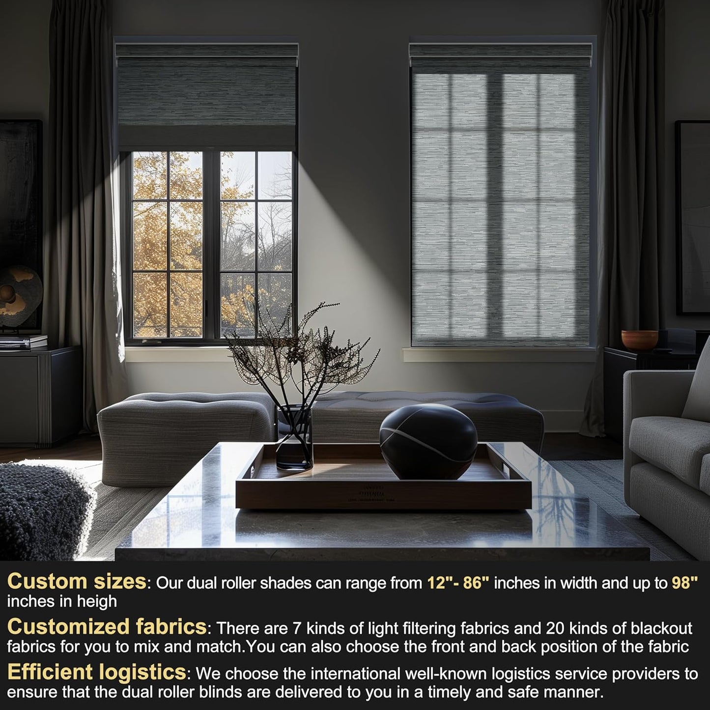 BERISSA Dual Roller Shades with Cassette Valance,Double Window Shades Blackout and Light Filtering,Day and Night, Grey Striped Jacquard, 31 W x 80" H