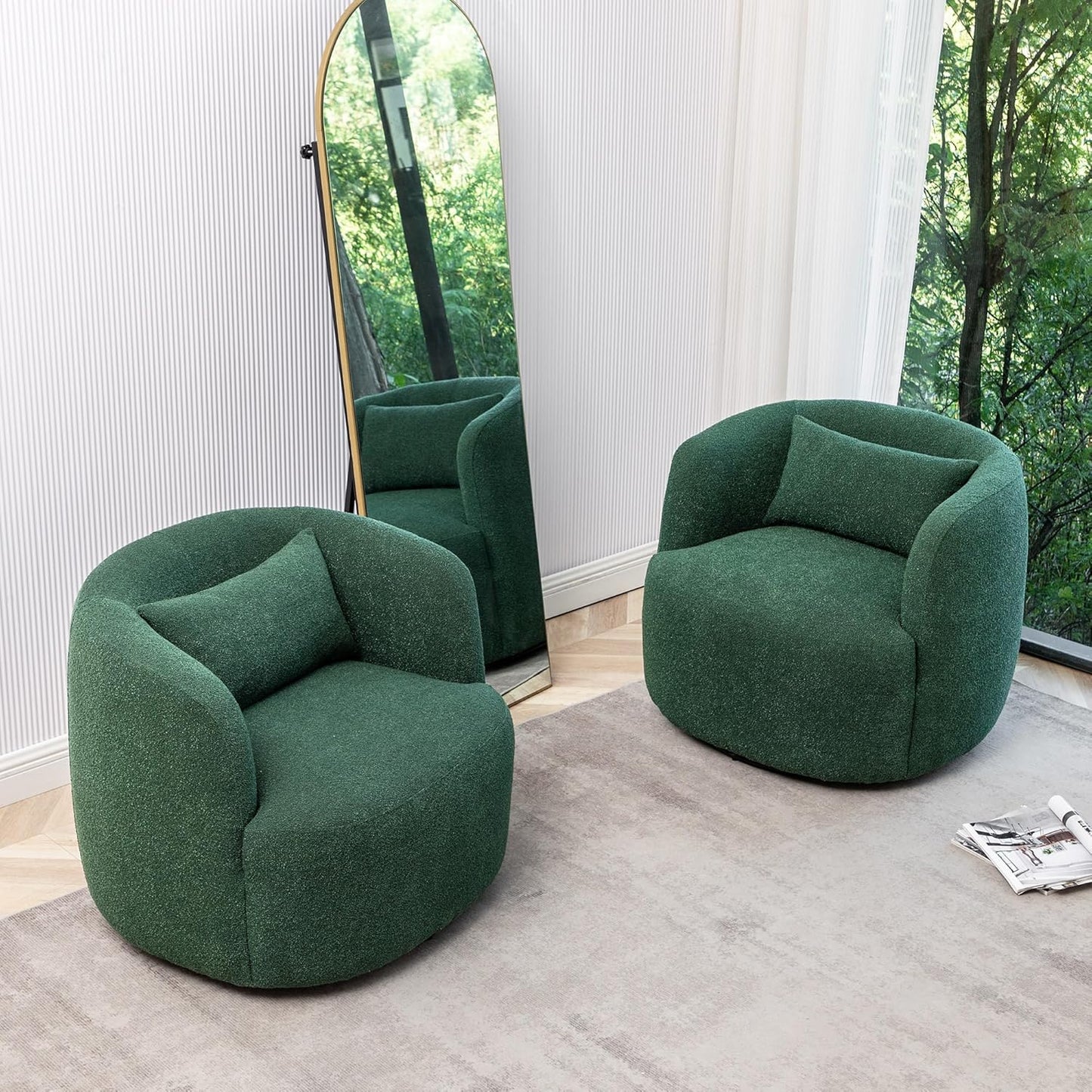 KINWELL 34" Wide Boucle Swivel Barrel Chairs Set of 2, No Assembly Round Upholstered Armchairs Accent Chairs Single Sofa Chair with Toss Pillow for Living Room and Bedroom, Green