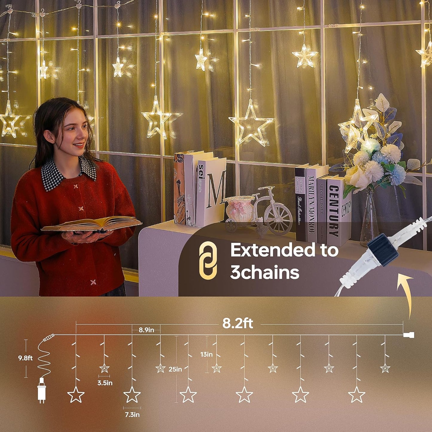 126L Warm White Star Icicle Lights, 8.2FT Clear Curtain Fairy String with Connectable, Timer 8 Modes Memory, Waterproof Hanging for Christmas,Ramadan,Party,Wedding Indoor Outdoor Decorations