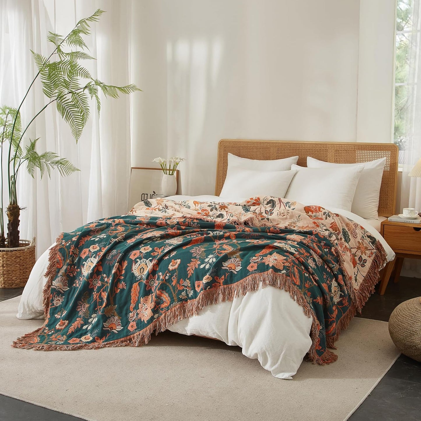 Boho Throw Blanket for Bed 90”x98”, 100% Cotton Woven Blanket for Couch Sofa, Ultra Soft 4-Layer Muslin Quilt with Floral Printed, Farmhouse Bed Blanket/Cover for Living Room Decor