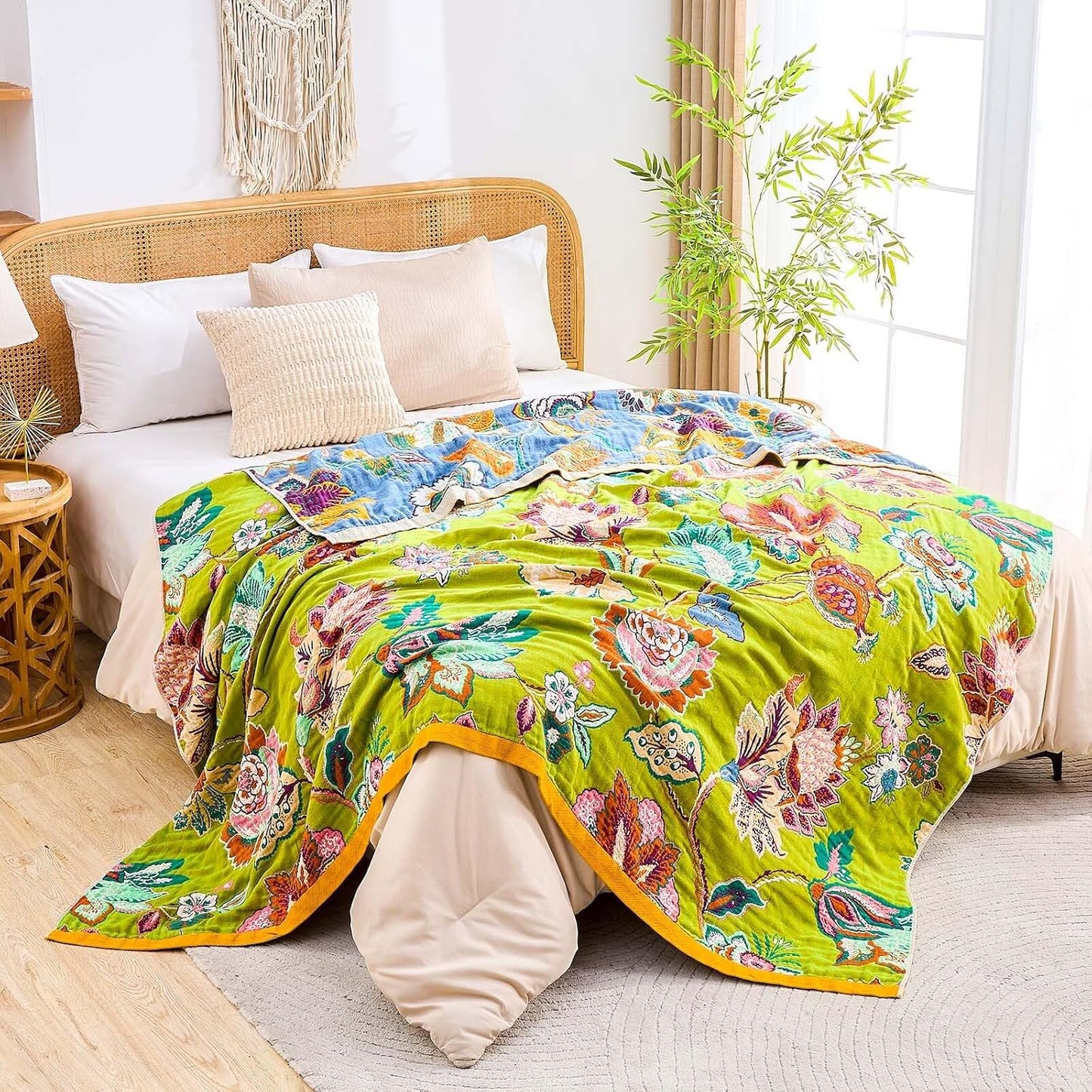 Fall Throw Blanket, 100% Cotton Soft Rustic Boho Throw Blanket for Bed, 90"x98" Farmhouse Decor Bed Flower Blankets, Light Weight Reversible Bohemian Throw Quilt