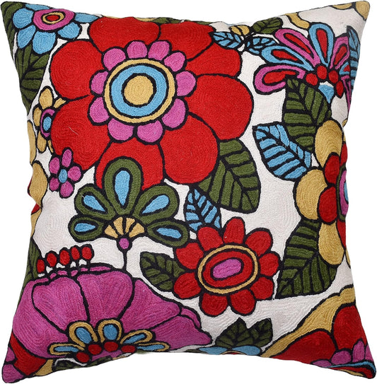Floral Pillow Cover Handembroidered Wool 18x18 (Retro Floral Pillow Cover)
