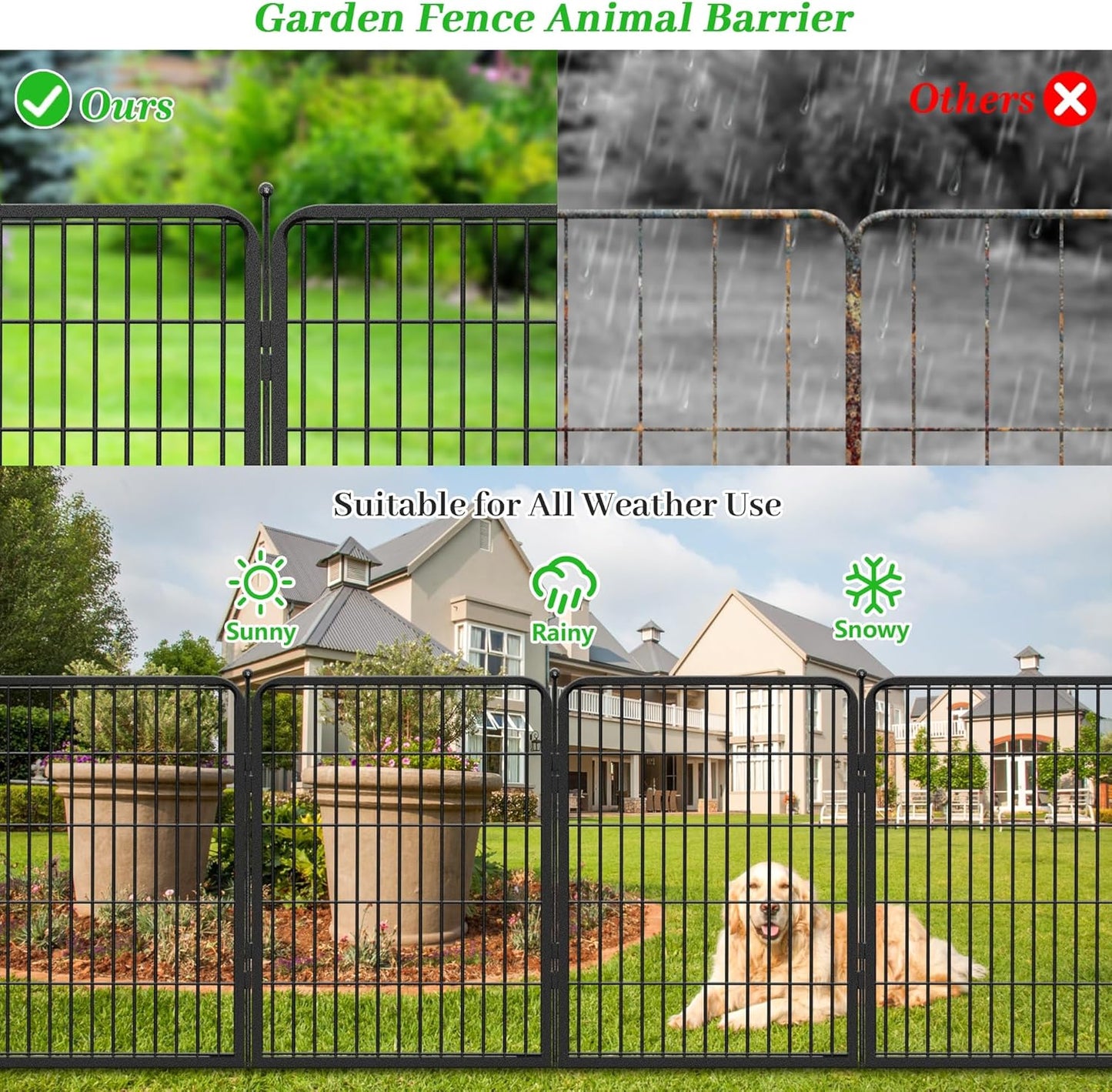 Decorative Black Metal Fencing Garden Fence with Gate, 64ft(L) 32in(H) 28 Fence Panels No Dig Fence Rustproof Animal Barrier Fence Temporary Dog Panels Fencing Outdoor