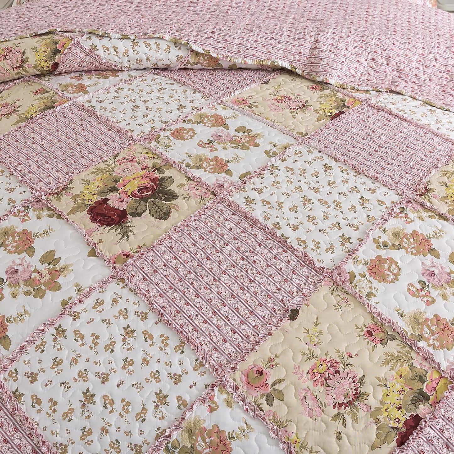 NEWLAKE Quilt Set King Size, Bedspread Sets Pink Botanical Floral, Reversible Quilt Bedding Set Lightweight and Breathable for All Seasons, Soft Quilted Bedspread with 2 Pillow Shams