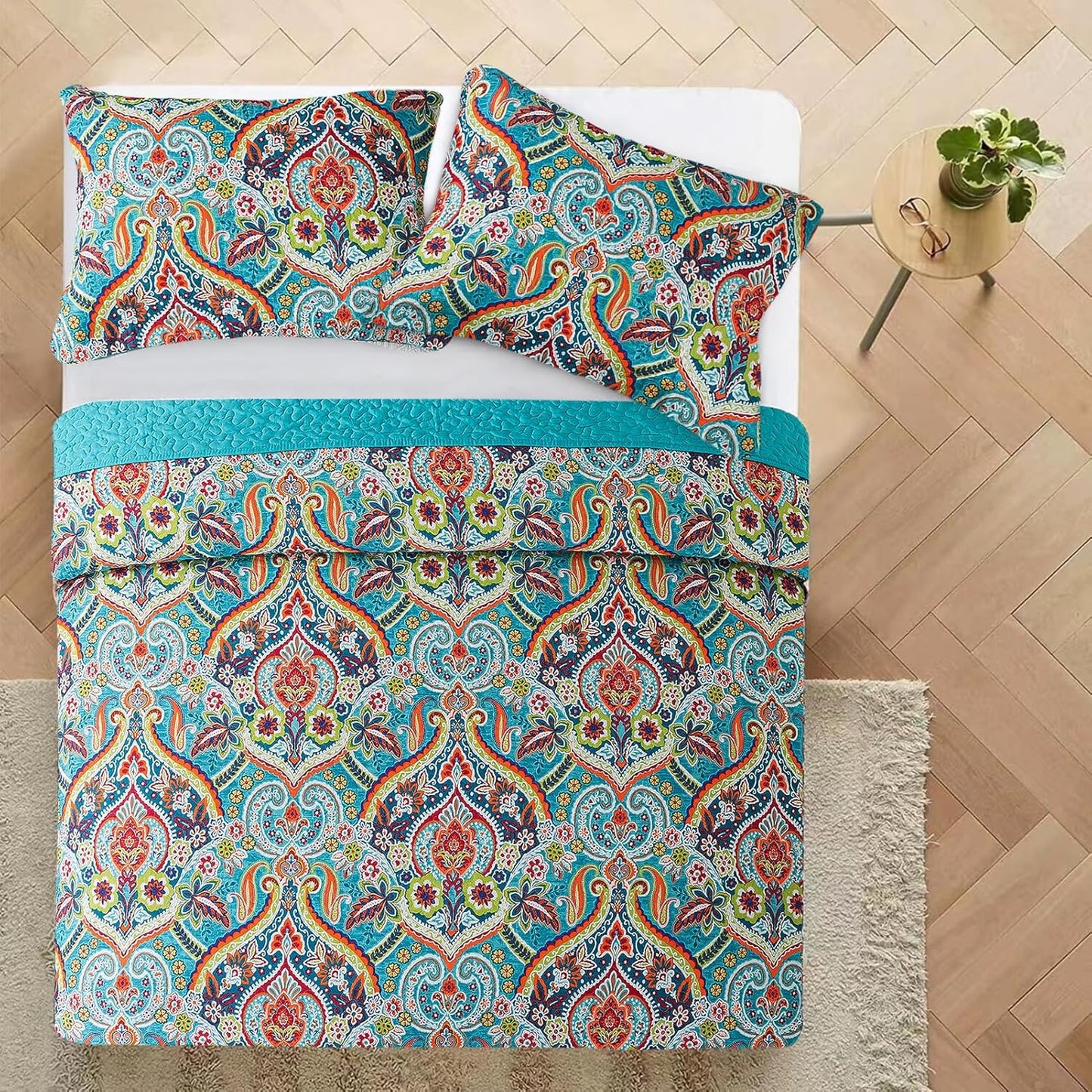 VAPUTAR Quilt California King Size Bedding Set - Cotton California King Quilt (108 * 118 Inch) - Boho Lightweight Reversible Oversized Bedspread for Farmhouse Bedroom (Teal), 3 Pieces
