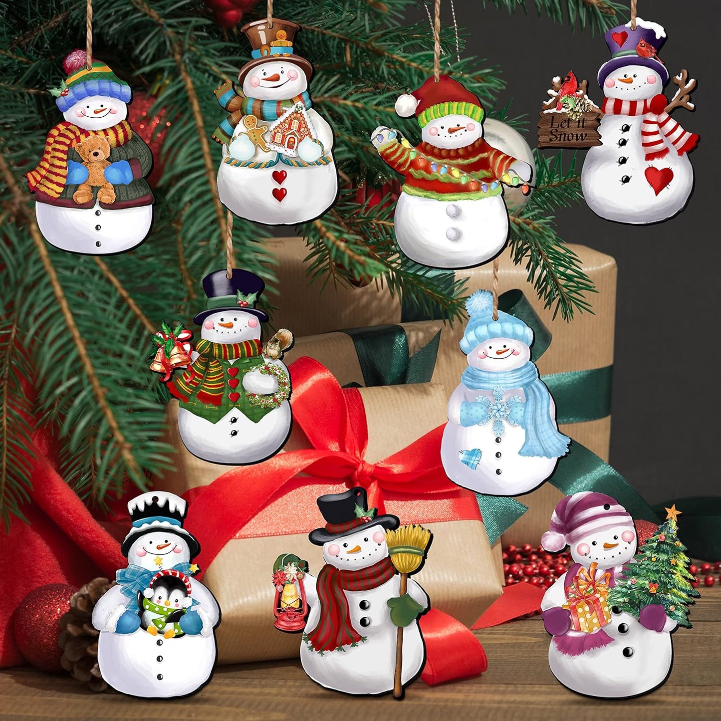 24 Pieces Christmas Snowman Wooden Ornaments Wood Hanging Decoration Set for Christmas Tree Hanging Wood Crafts Holiday Decor Xmas Party Supplies