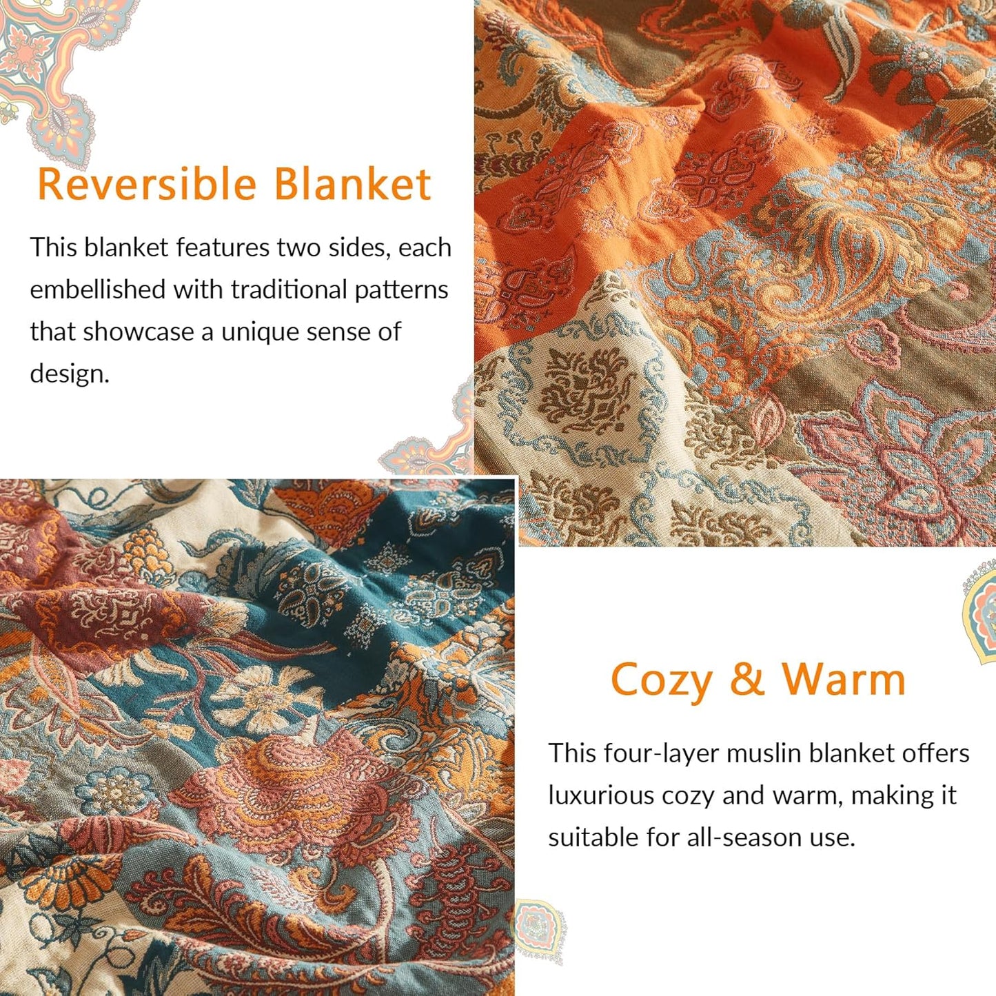 Boho Throw Blanket for Couch Sofa Bed, 100% Cotton Woven Quilt with Tassel 60”x80”, Super Soft Muslin Blanket with Floral Printed, Decorative Reversible Bed Blanket/Cover for All Seasons