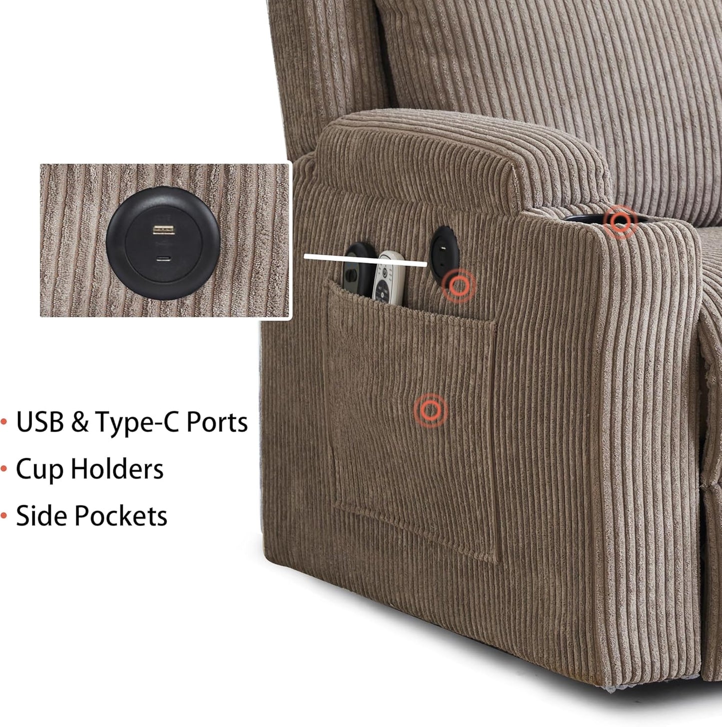 Lift Recliner Chair for Adults with Massage and Heating, Power Lift Recliner Chairs for Elderly, Corduroy Fabric Reclining Chair with USB &Type-C Port, Cup Holders, L6111 (Khaki)