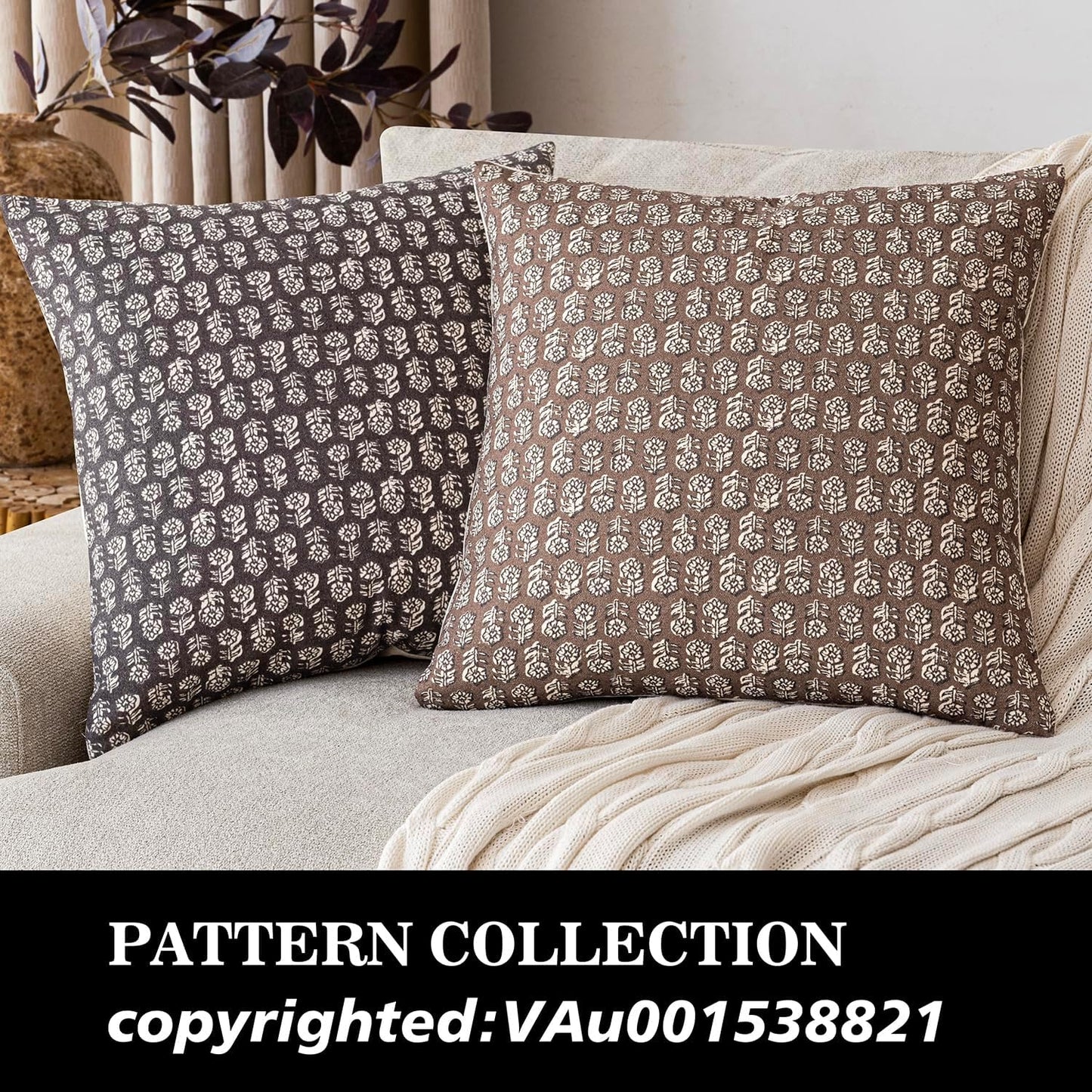 Foindtower Set of 2 Decorative Neutral Floral Print Throw Pillow Covers Vintage Accent Farmhouse Cushion Covers Boho Home Decor for Sofa Chair Couch Bedroom Living Room Outdoor,18×18 Inch,Brown