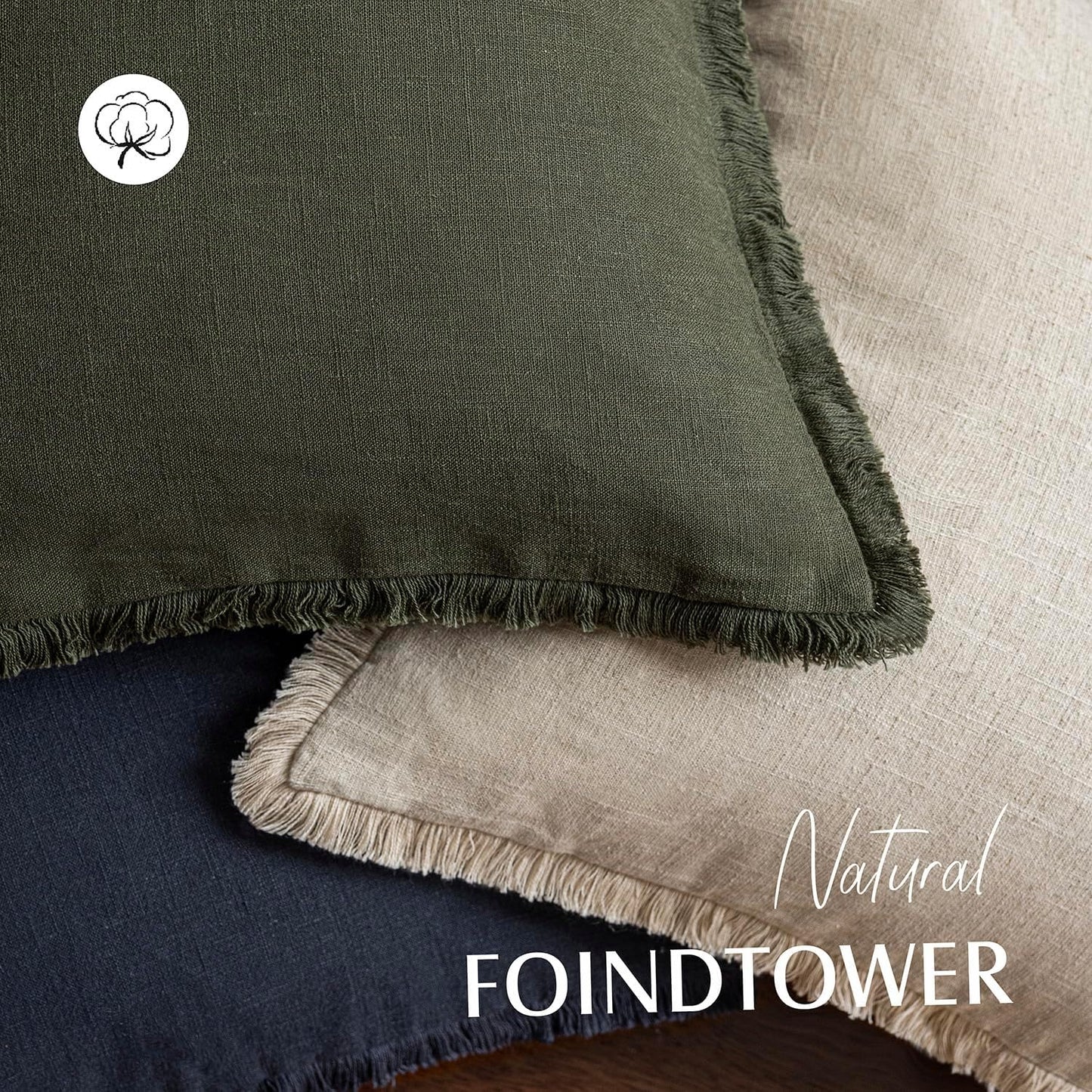 Foindtower Set of 2 Decorative Linen Fringe Throw Pillow Covers Cozy Farmhouse Cushion Cover with Tassels Accent Pillowcase for Couch Chair Sofa Bed Living Room Home Decor,24×24 Inch,Dark Olive Green
