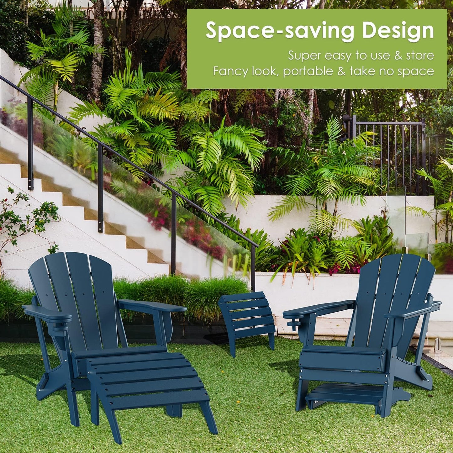 GreenVines Adirondack Ottoman Set of 2, HDPE All Weather Outdoor Folding Footrest, Plastic Adirondack Chair Footstool for Deck Backyard Patio Outside Poolside Porch Lawn, 19.7 inch Width, Blue