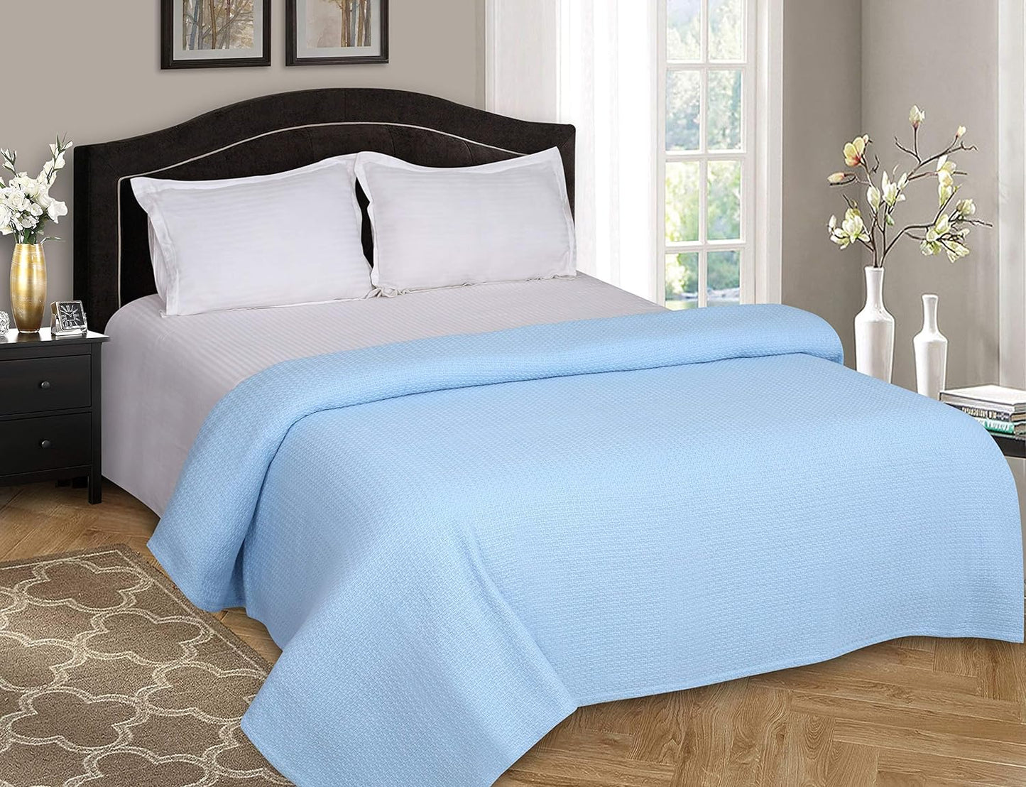 Elvana Home 100% Cotton Bed Blanket, Breathable Bed Blanket King Size, Cotton Thermal Blankets King, Perfect for Layering Any Bed for All Season, Light Blue