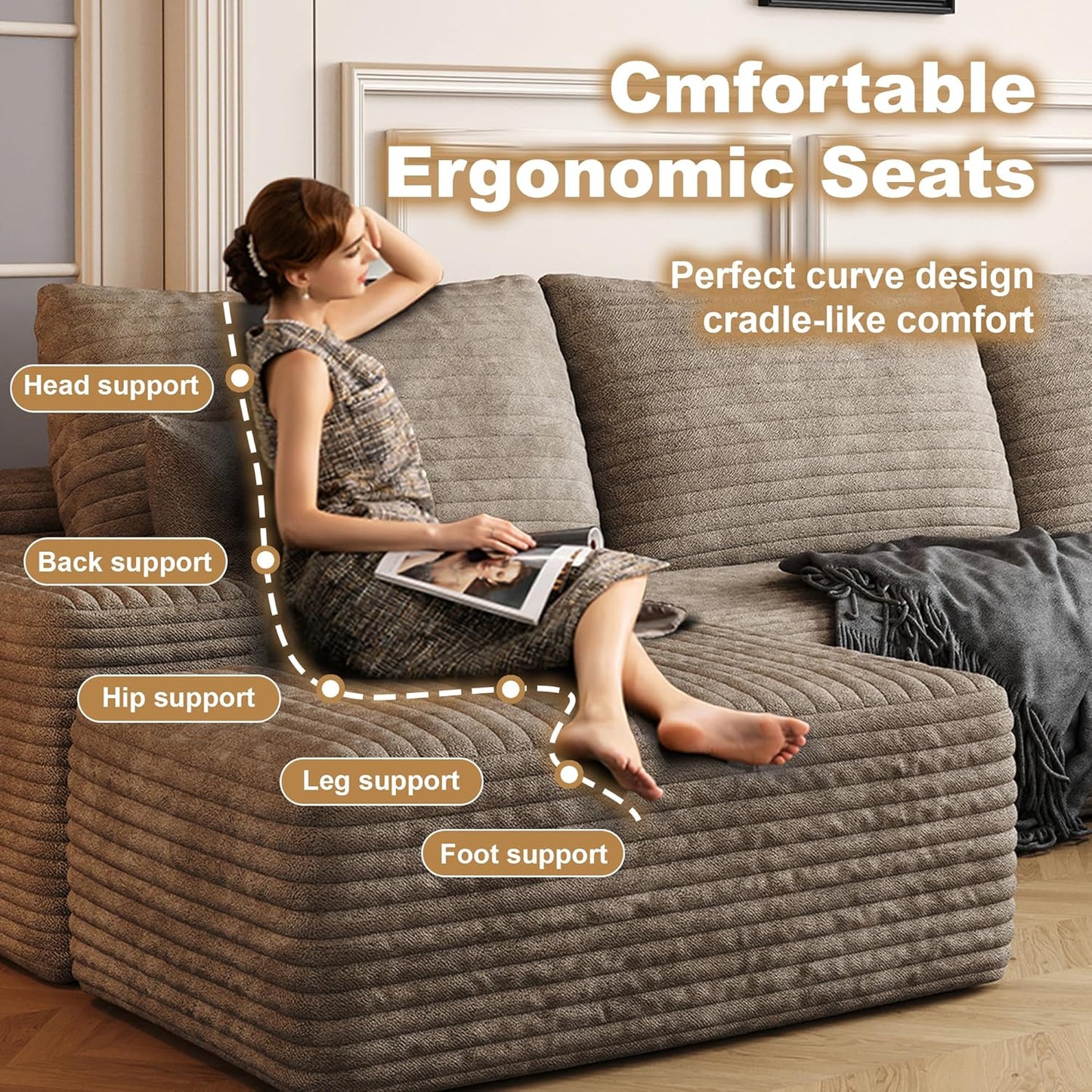 108" Sectional Couches for Living Room Modern Modular Sofa with L-Shape Couchs Upholstered Boneless Couch Deep Seat Sectional Couch with Chaise (Camel, Right Facing Chaise+2Seaters+1Ottoman)