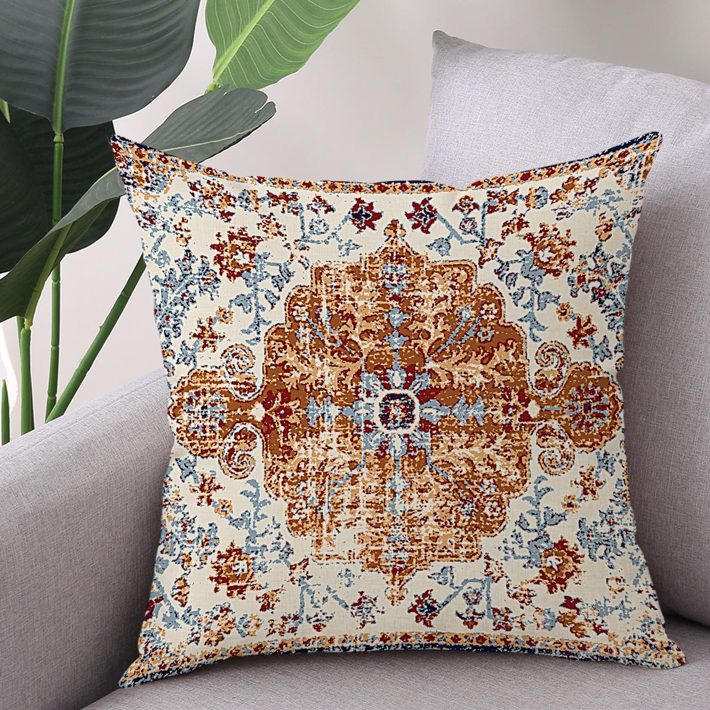 Waterproof Throw Pillow Covers 16X16 Inch Set of 2 Bohemian Vintage Carpet Pattern Brown Blue Ethnic Design Decorative Farmhouse for Couch Garden Balcony (Boho-3-1)