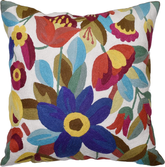 Cream Floral Pillow Cover Blue Flower Pillowcase Boho Cushion Florals Accent Throw Pillowsham Wool Hand Embroidered Size 18x18