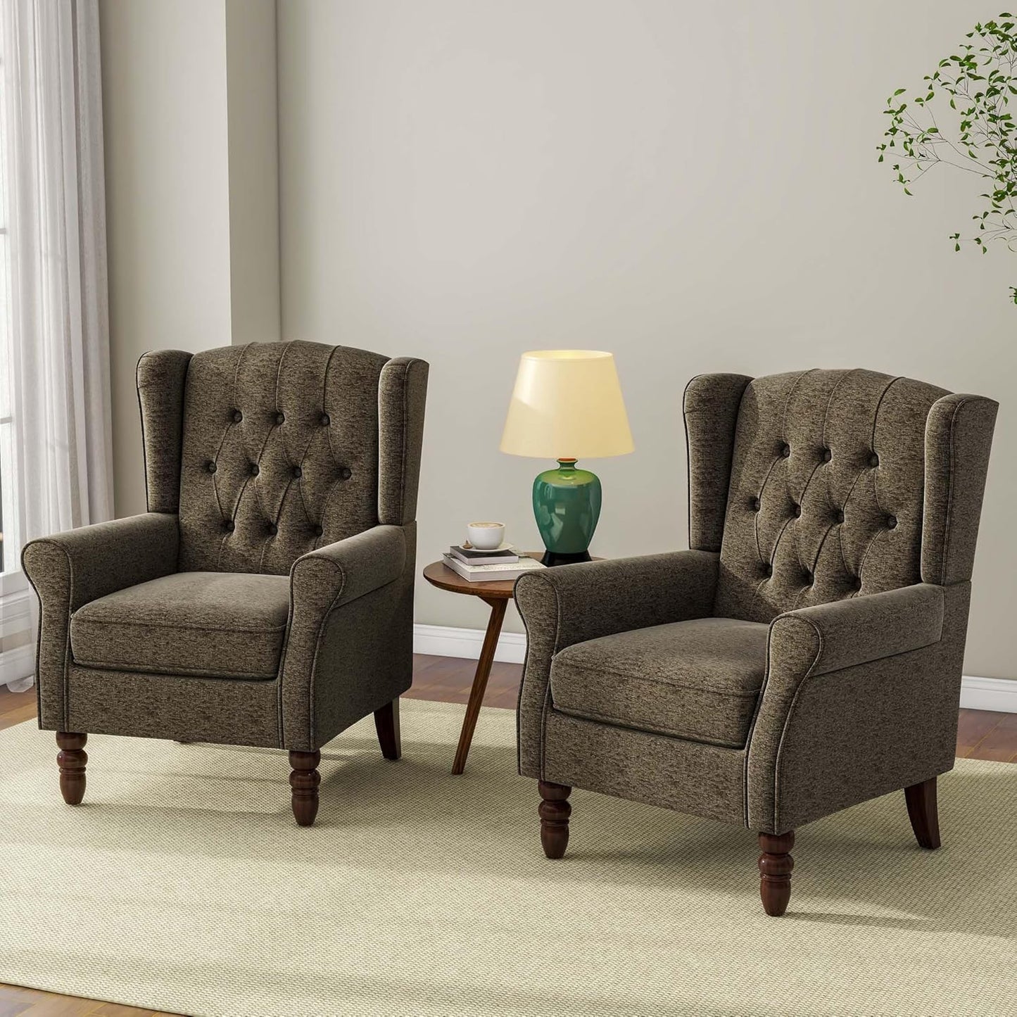 Accent Chair, Upholstered Armchair with Button Tufted High Back & Solid Wood Legs, Comfy Wingback Reading Single Sofa Chair for Small Spaces, Living Room, Bedroom (Taupe, Set of 1)