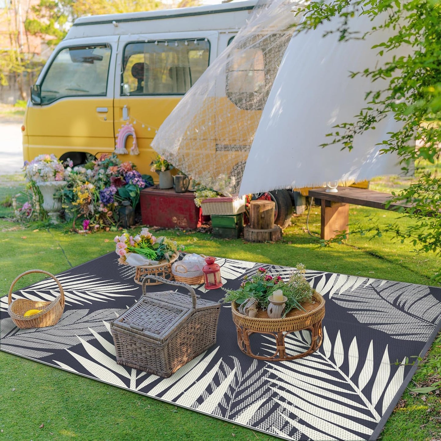 GENIMO Outdoor Rug 6' x 9' Waterproof for Patios Clearance, Reversible Plastic Straw Camping Carpet, Large Area Rugs Mats for RV, Picnic, Backyard, Deck, Balcony, Porch, Beach, Yellow&Grey