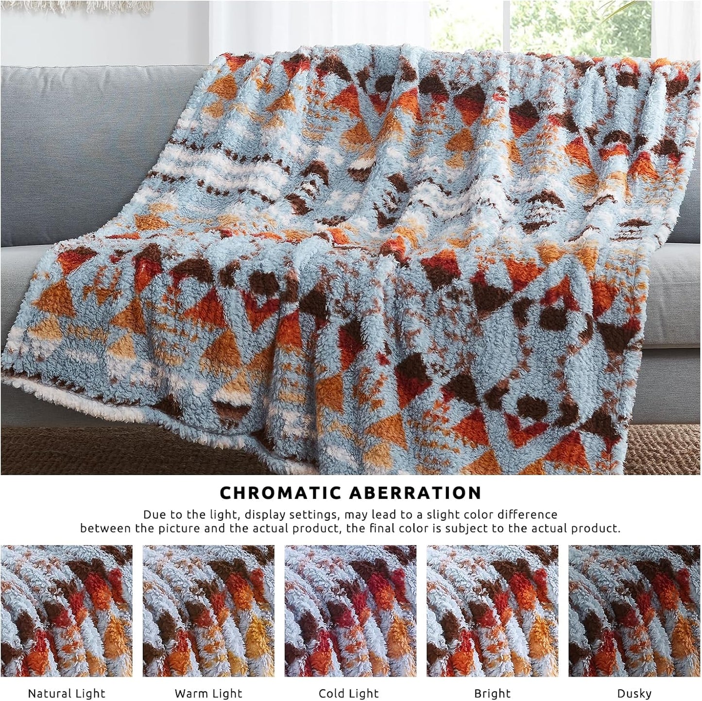 CASAAGUSTO Boho Sherpa Throw Blanket, Aztec King Size Blanket, Ultra Soft, Warm, Cozy, Plush, Thick Fleece Bohemian Throw Blanket for Couch, Bed, Sofa (Blue Grey 108 * 90 Inch)