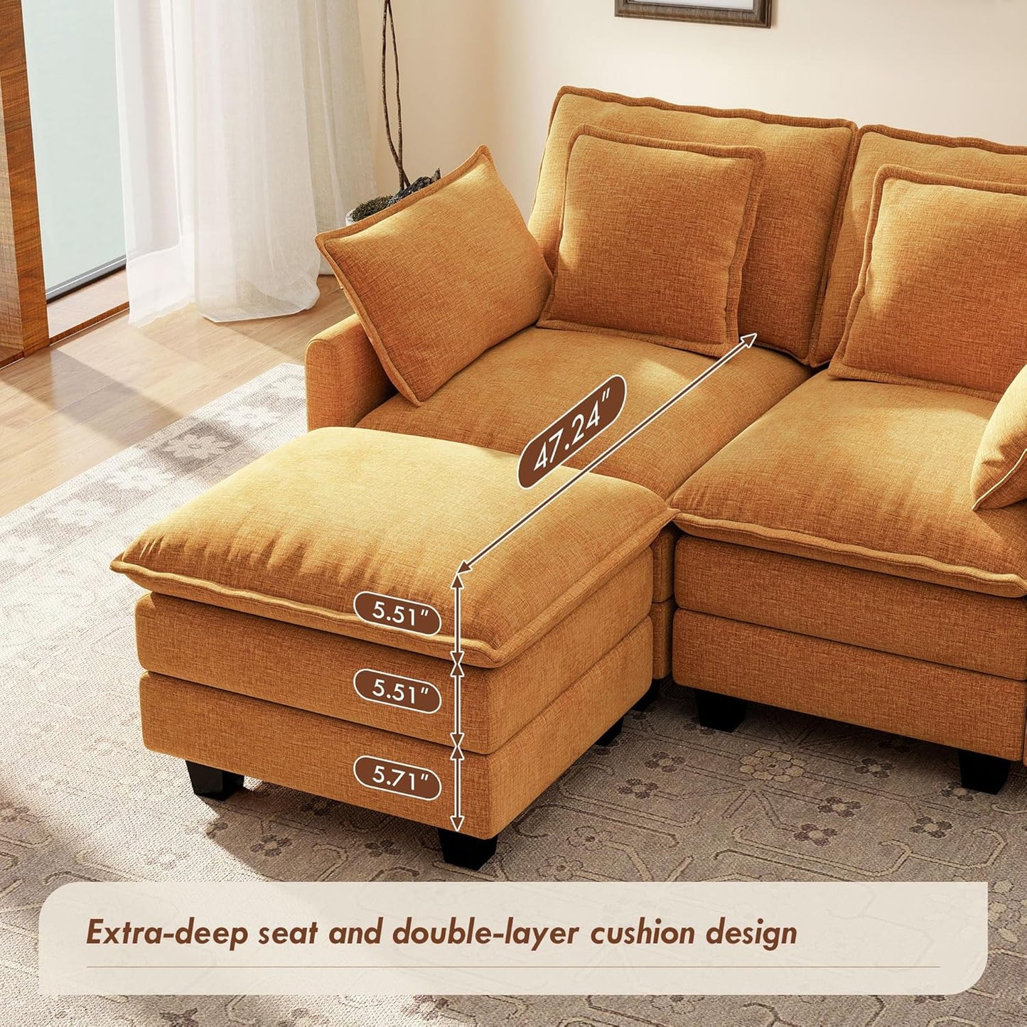 Ihanherry 57" L Shaped Modular Sectional Cloud Sofa, Modern 3 Seat Chenille Couch with Ottoman for Living Room, Bedroom and Apartment, Orange