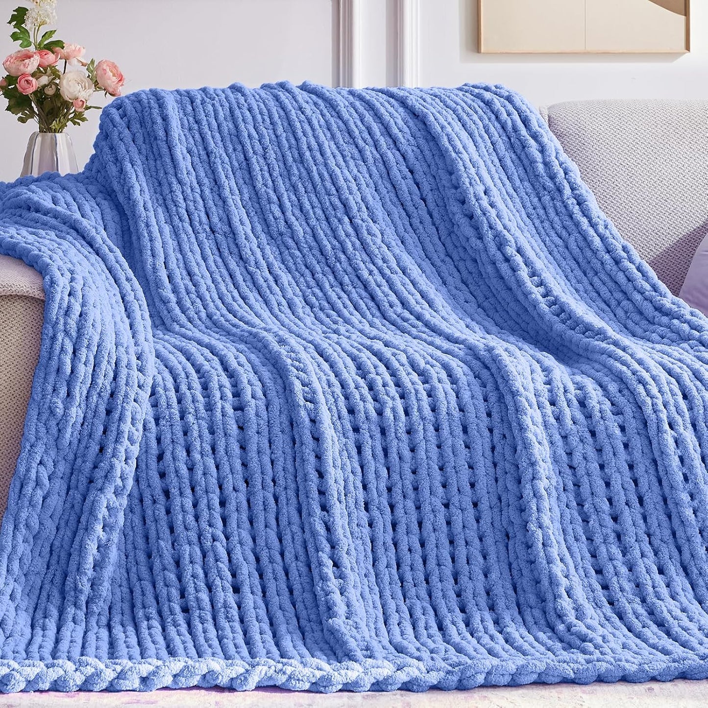 Chunky Knit Throw Blanket, 50''*60'' Knitted Throw Chenille Yarn for Bed Couch, Handmade Light Blue Crochet Big Thick Blanket, Machine Washable Cute Comfy Blanket for Home Decor