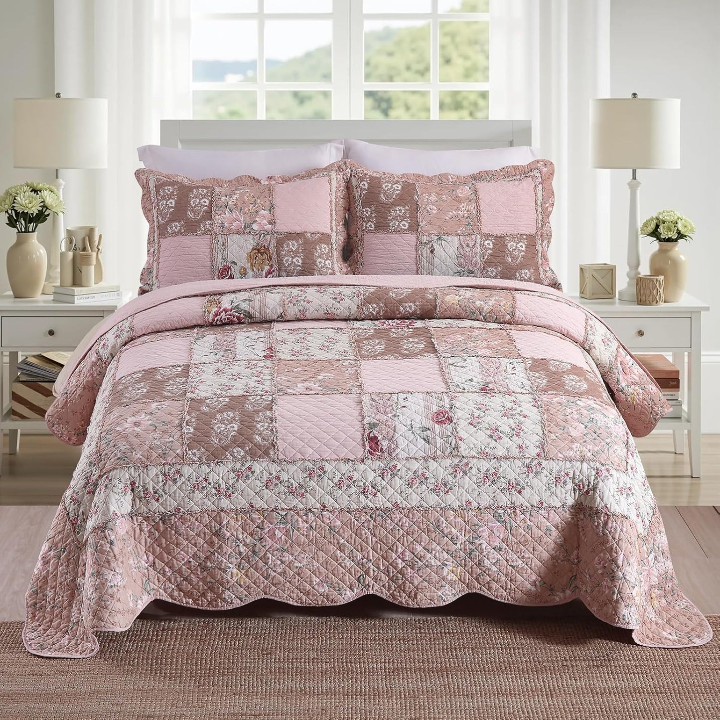 NEWLAKE Quilt Set King Size, Cotton Patchwork Pink Floral Quilt Sets, Real Stitched Embroidery Bedspread Lightweight and Breathable for All Seasons, Soft Quilted with 2 Pillow Shams