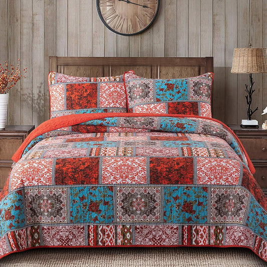 NEWLAKE Cotton Bedspread Quilt Sets-Reversible Patchwork Coverlet Set, Mediterranean Classic Bohemian Pattern,Queen Size