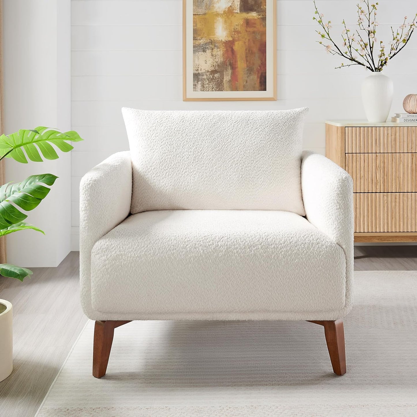 Oversized Accent Chair Modern Boucle Armchair for Living Room- 37" Wide Accent Chair with Solid Wood Legs, White Upholstered Lounge Chair for Bedroom & Office, Cozy Reading Chair (Easy Assembly)