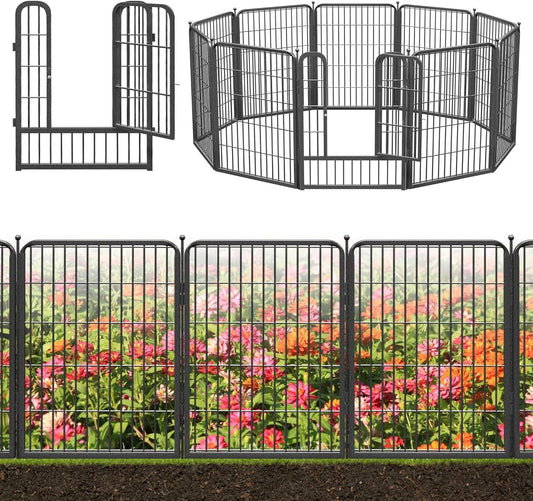 Decorative Black Metal Fencing Garden Fence with Gate, 23ft(L) 32in(H) 10 Fence Panels No Dig Fence Rustproof Animal Barrier Fence Temporary Dog Panels Fencing Outdoor