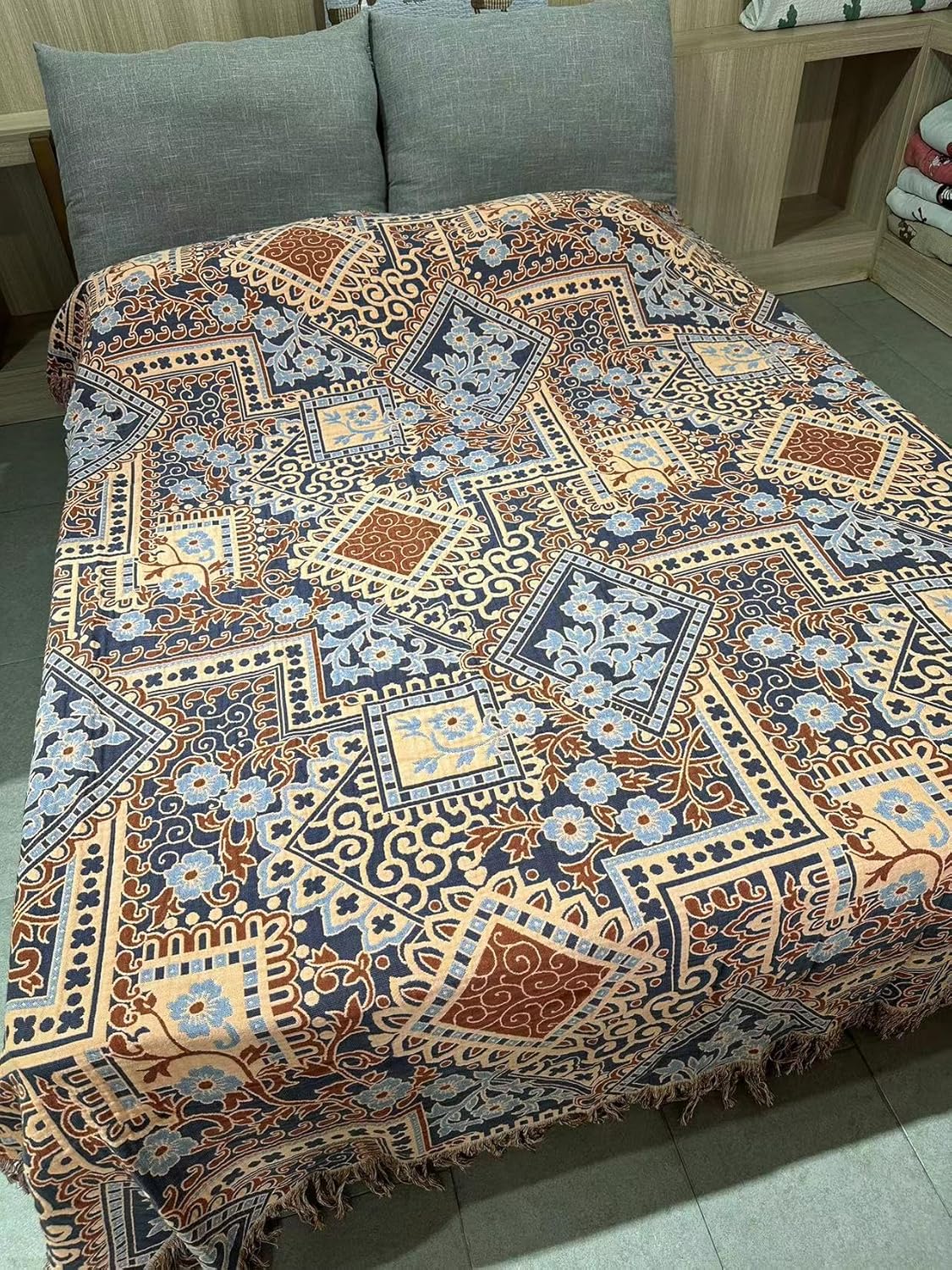 Boho Throw Blanket for Bed 80”x90”, 100% Cotton Woven Blanket for Couch Sofa, Ultra Soft 4-Layer Muslin Quilt with Diamond Pattern, Farmhouse Bed Blanket/Cover for Living Room Decor