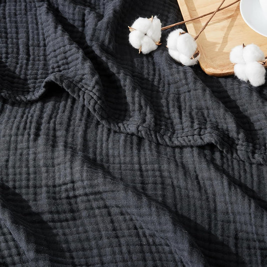 EMME Cotton Muslin Large Throw Blanket Couch Breathable Gauze Blanket Soft Lightweight Bed Blankets Adults (Black, 50"x70")