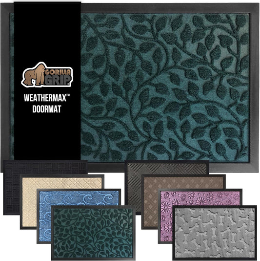 GORILLA GRIP 100% Waterproof All-Season WeatherMax Doormat 35x23, US Designed Natural Rubber, Stain and Fade Resistant, Low Profile Indoor Outdoor Door Mats, Easy Clean Patio Mat, Moss Vine Leaves