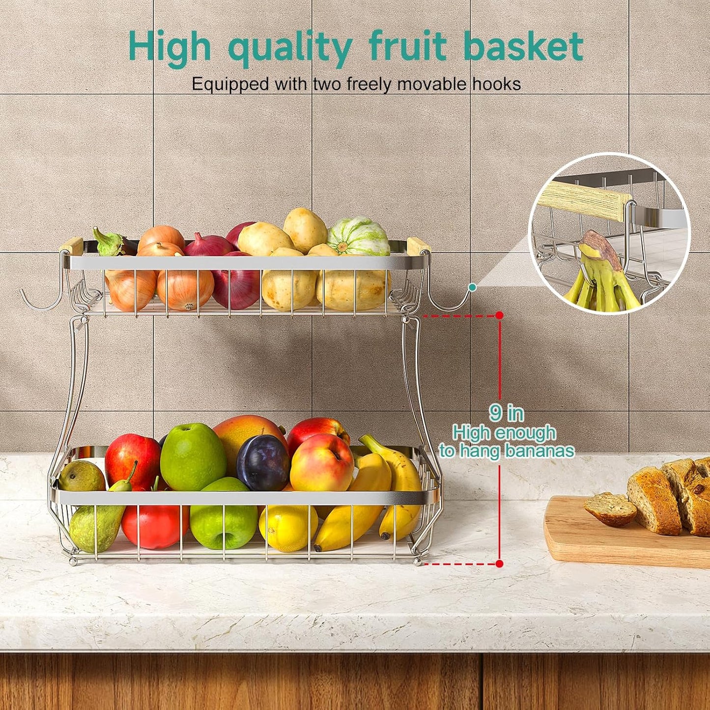 2 Tier Fruit Basket for Kitchen Counter with 2 Banana Hangers, 2025 Pro Detachable Metal Fruit Bowl with Wooden Handle,Fruit Holder for Bread Snack Veggies, Silvery