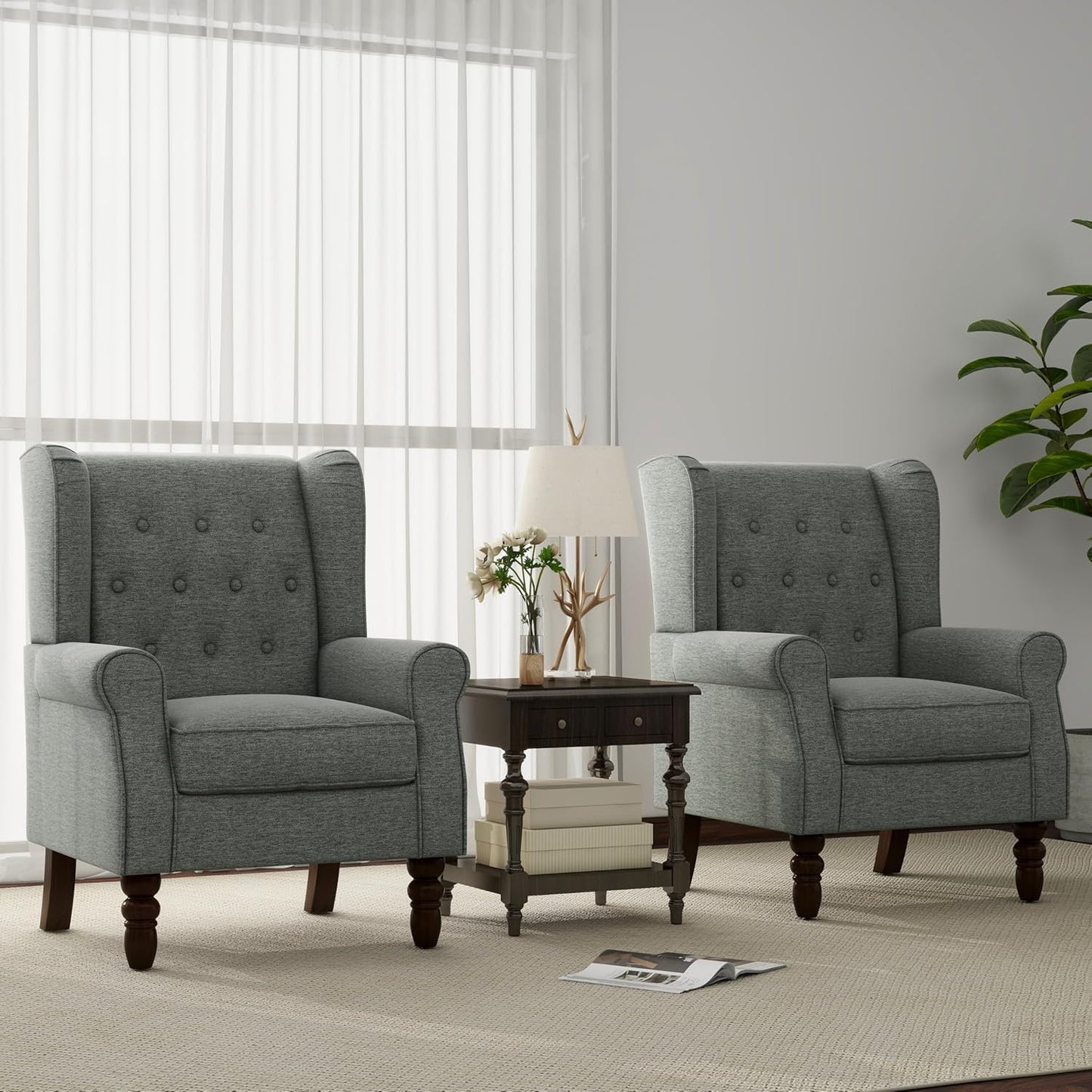 Accent Chair, Upholstered Armchair with Button Tufted High Back & Solid Wood Legs, Comfy Wingback Reading Single Sofa Chair for Small Spaces, Living Room, Bedroom (Grey, Set of 1)