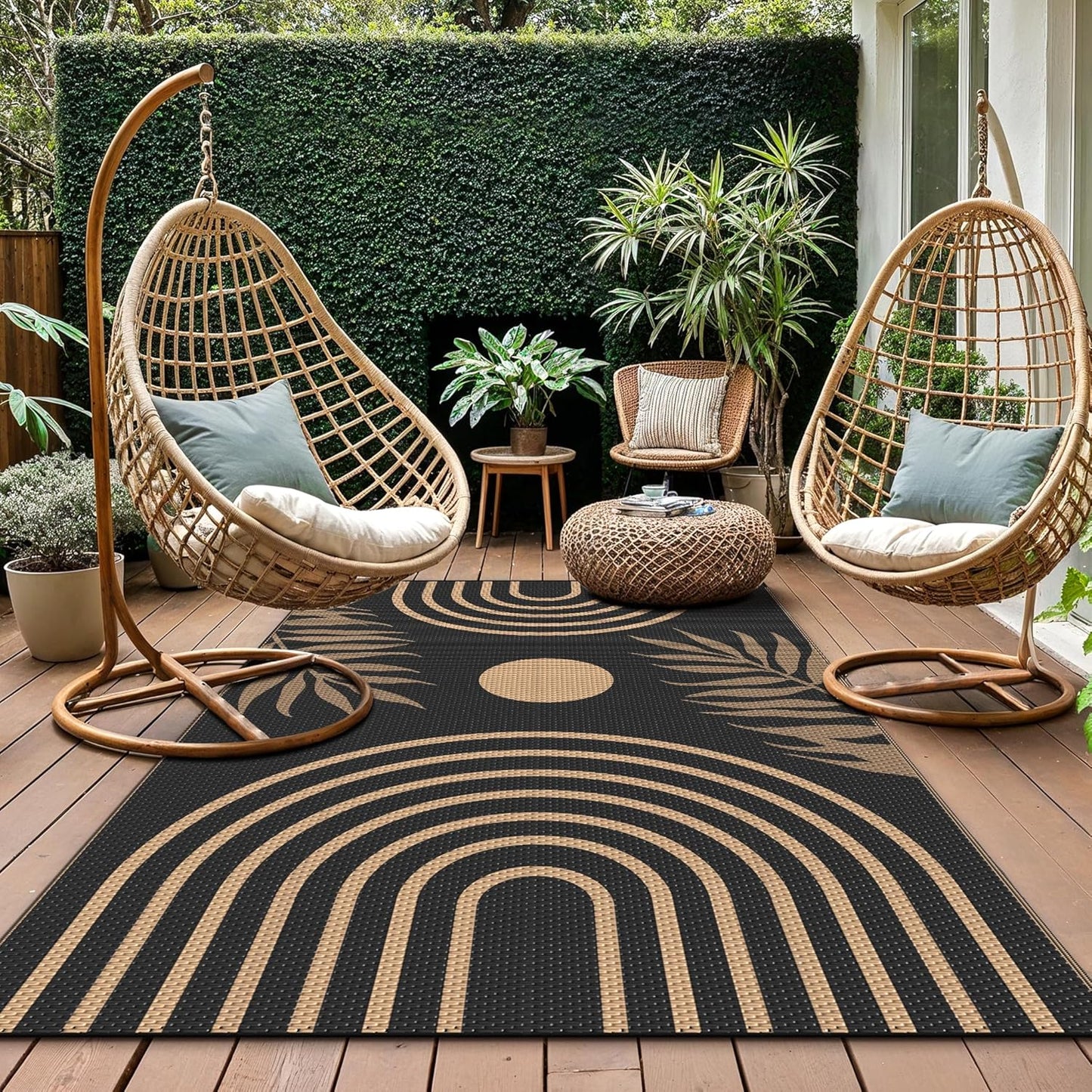 GENIMO Outdoor Rug 5' x 8' Waterproof for Patio Clearance, Reversible Plastic Straw Camping Carpet, Lightweight Rugs Mats for Rv, Backyard, Deck, Porch, Picnic, Balcony, Mix-Black & Brown